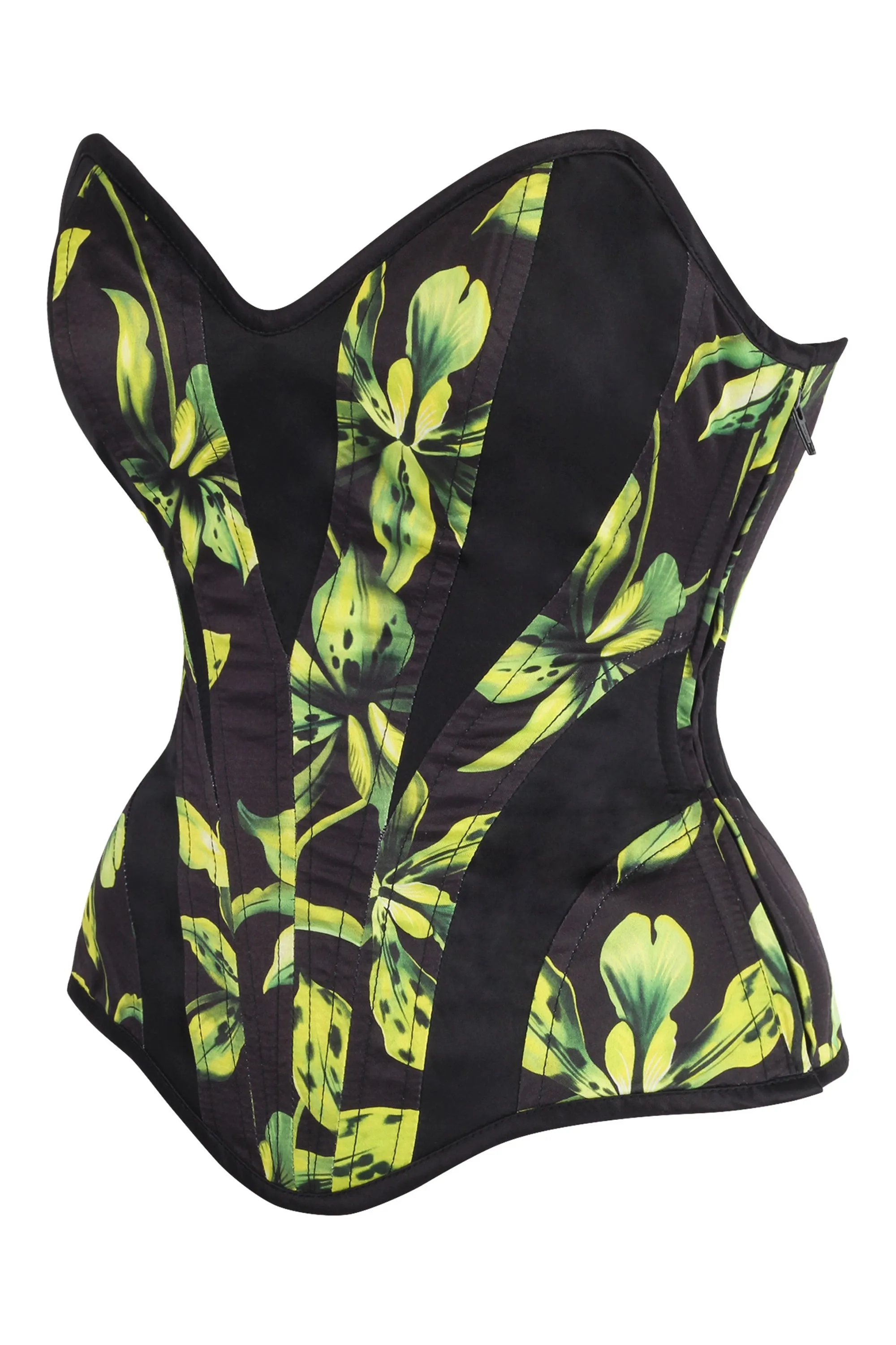 Green and Black Floral Print Overbust Corset with Side Zip sold by Corset Story product image thumbnail 3