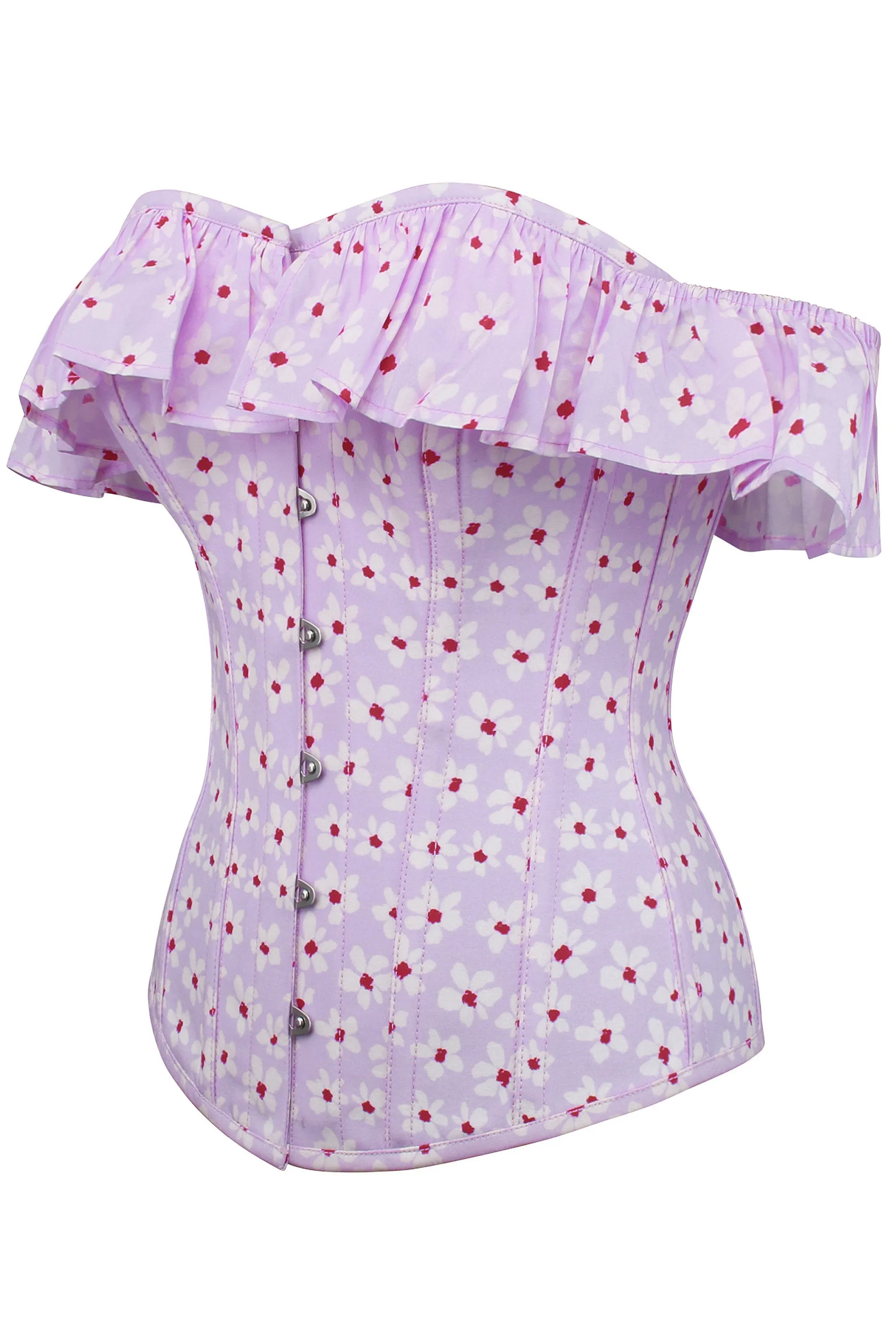 Lilac Ditsy Floral Summer Corset Top with Bardot Sleeve sold by Corset Story