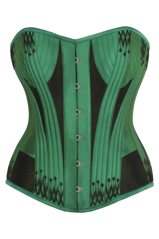 Green & Black Overbust Corset with Black Flossing Detail sold by Corset Story