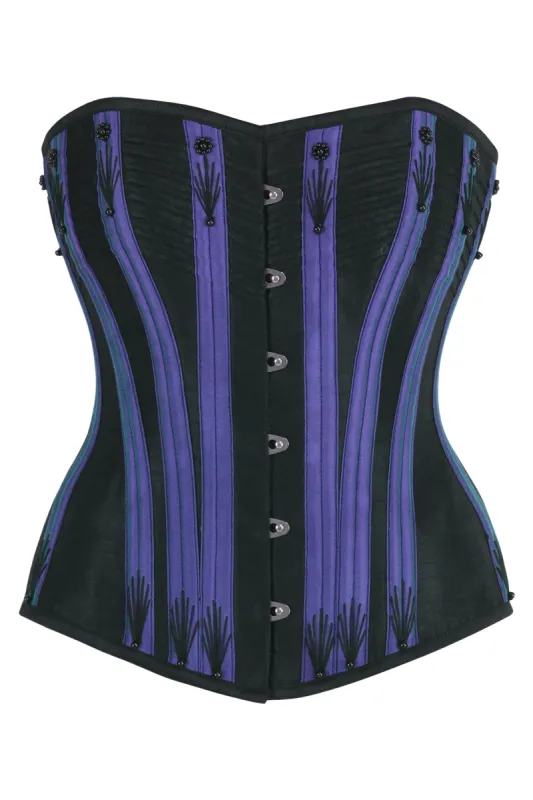 Black Overbust Corset with Purple Boning Channels and Flossing sold by Corset Story