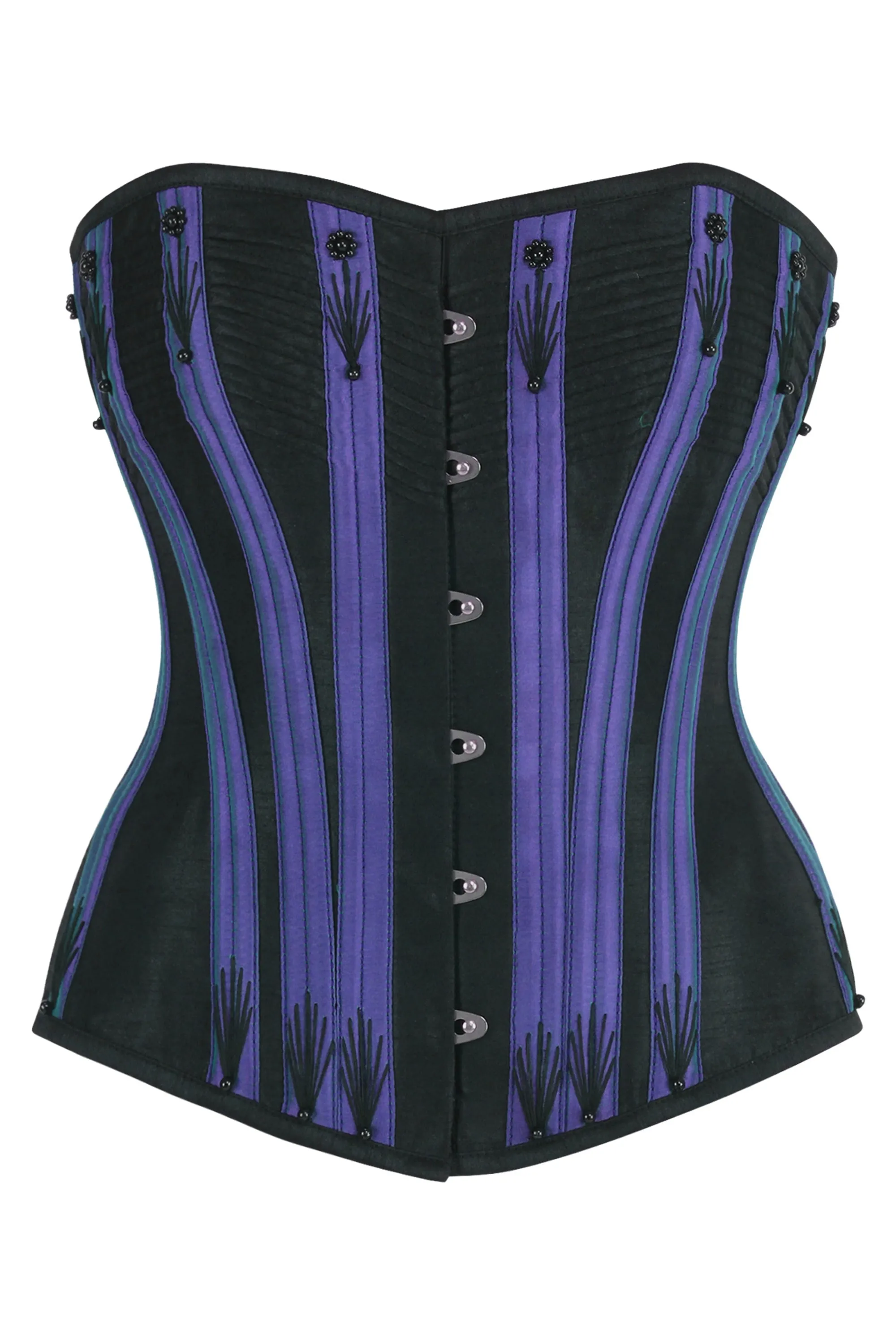 Black Overbust Corset with Purple Boning Channels and Flossing sold by Corset Story