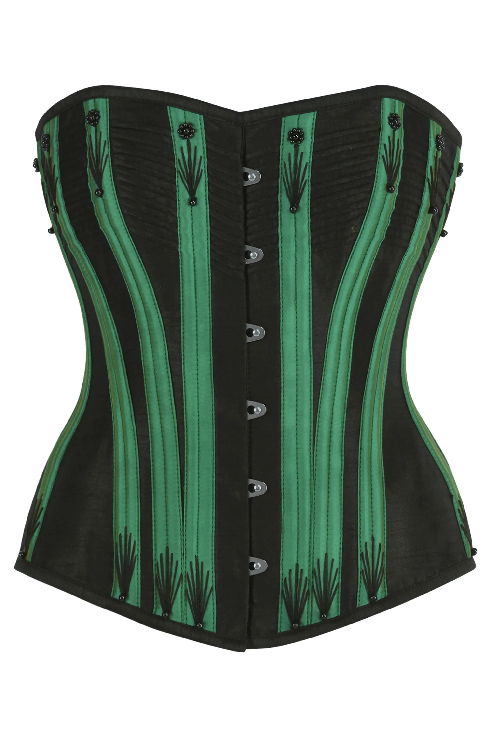 Black Overbust Corset with Flossing and Green Boning Channels sold by Corset Story