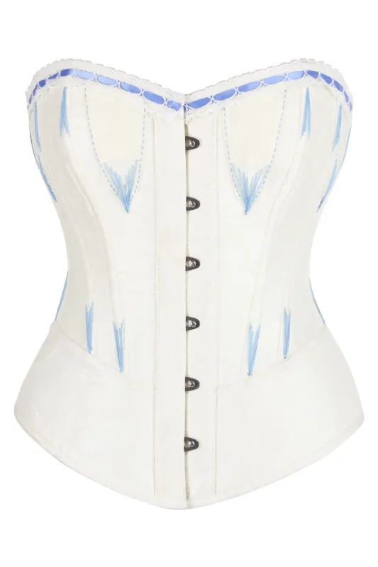 White Overbust Corset with Blue Decorative Flossing sold by Corset Story