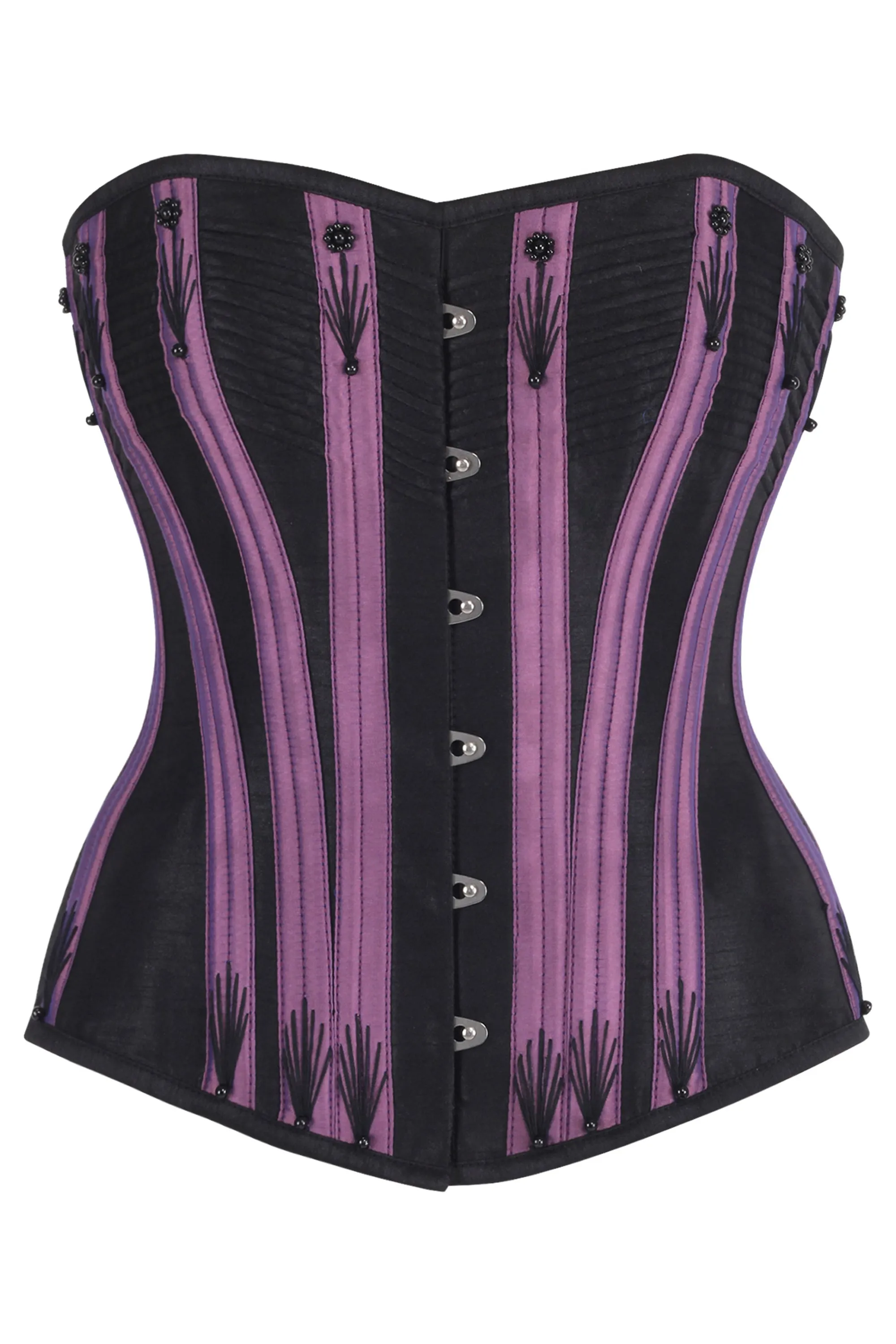 Black & Purple Overbust Corset with Black Flossing sold by Corset Story