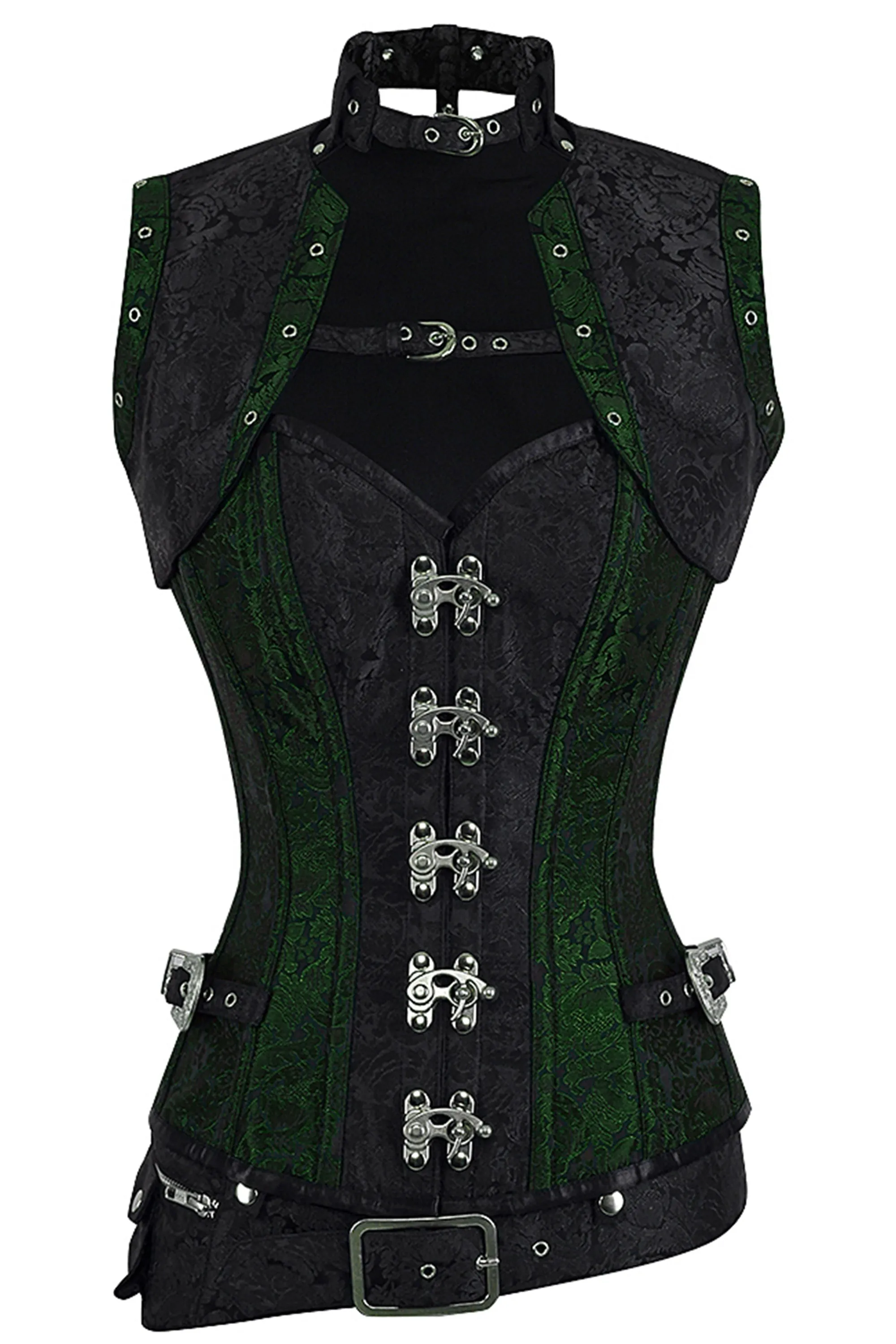 Handmade Full Steel Boned Corset with Sleeveless Jacket – Green & Black Brocade, Corset Story Design (2012) sold by Corset Story