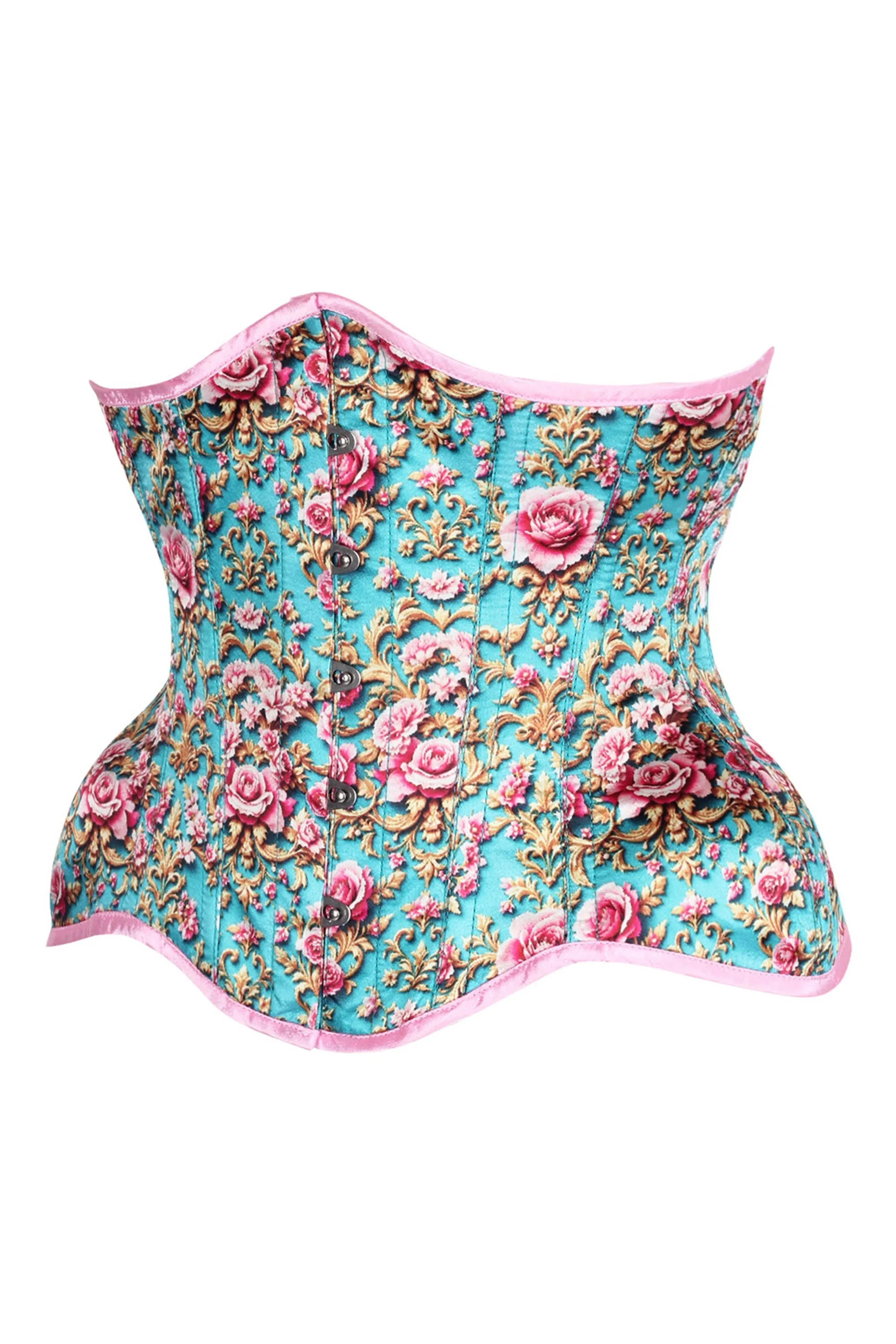 Rococo Rose Underbust Corset – Vintage Charm in Turquoise & Pink sold by Corset Story product image thumbnail 3