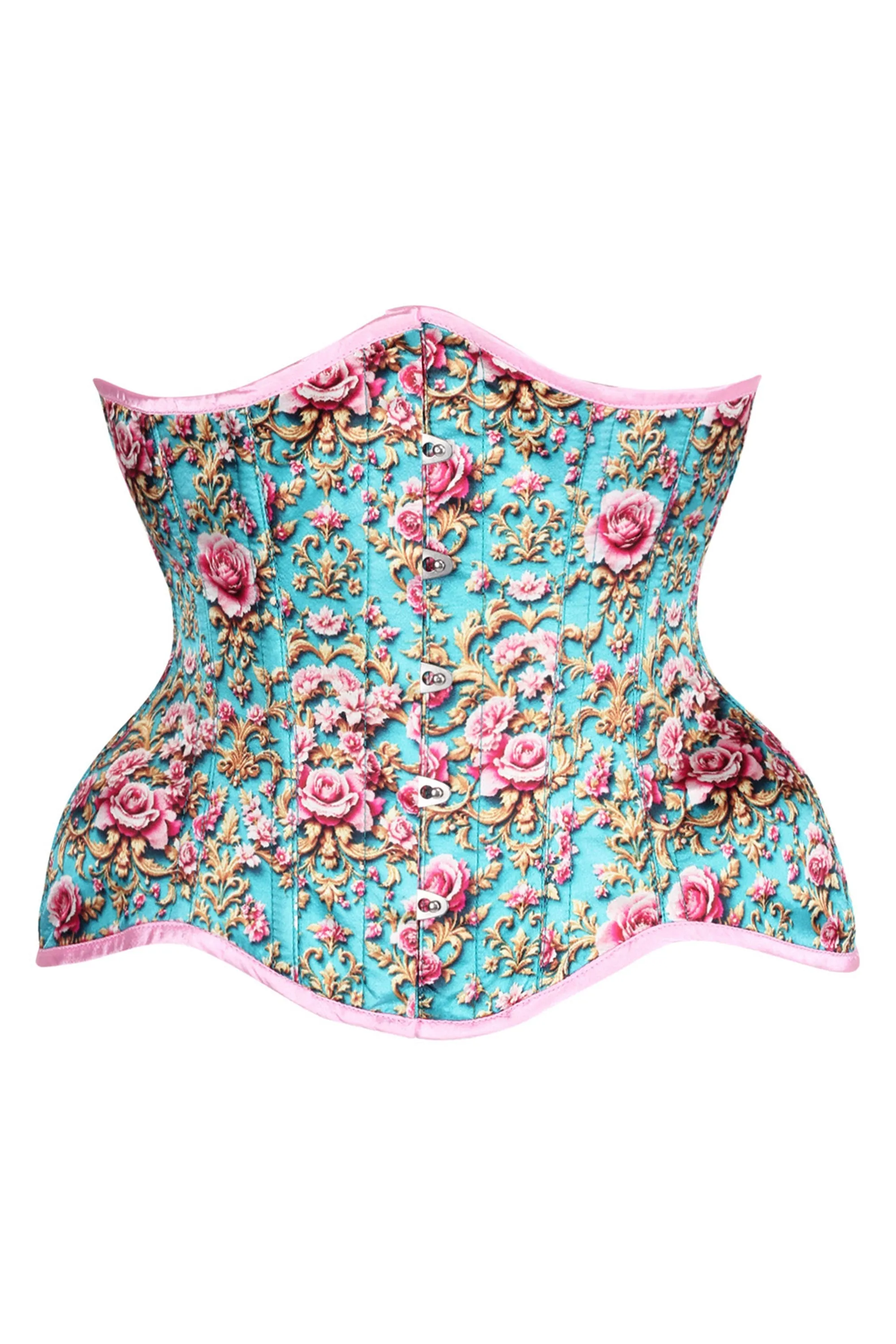 Rococo Rose Underbust Corset – Vintage Charm in Turquoise & Pink sold by Corset Story