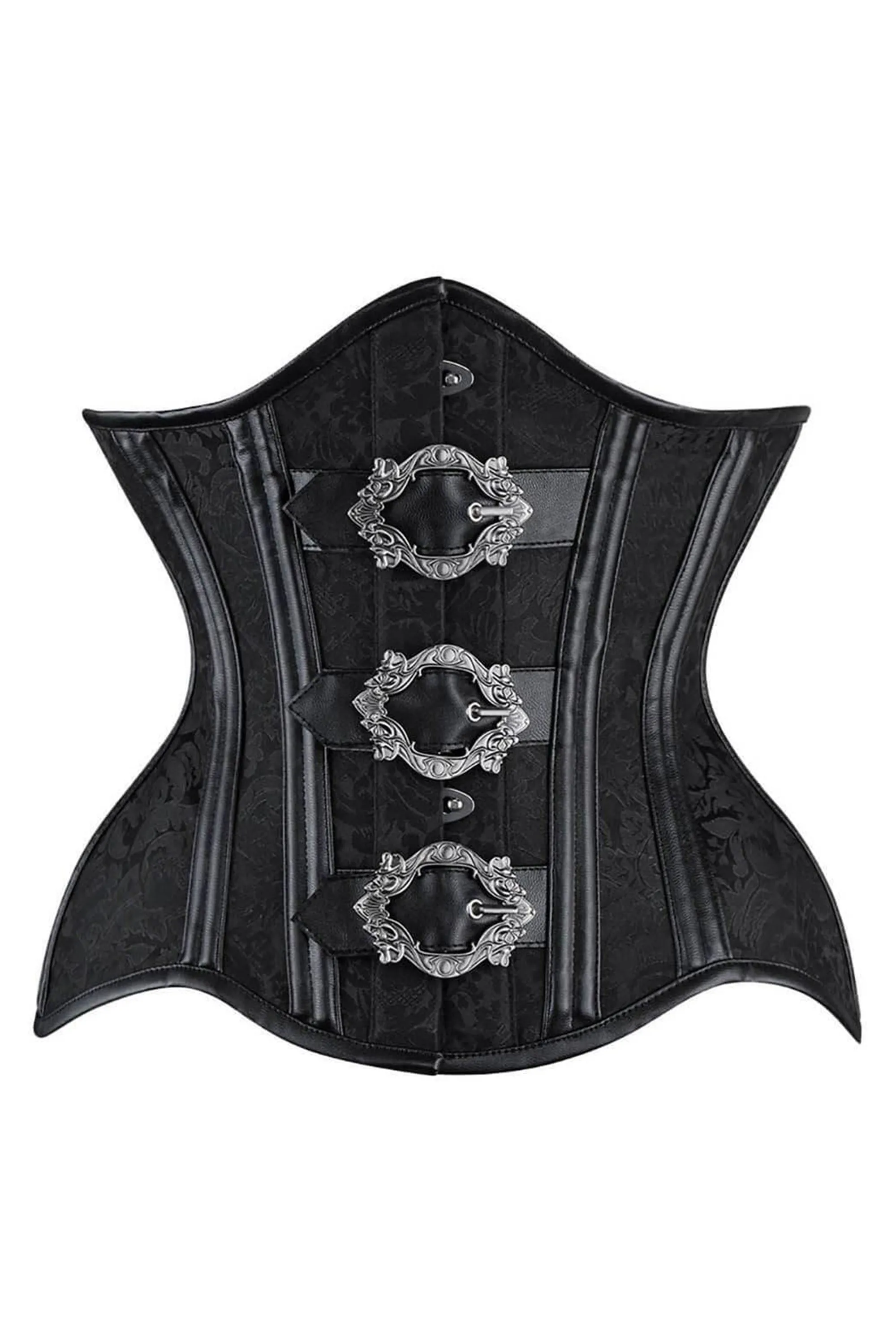 Black Brocade Underbust with Belt Buckle Fastenings sold by Corset Story
