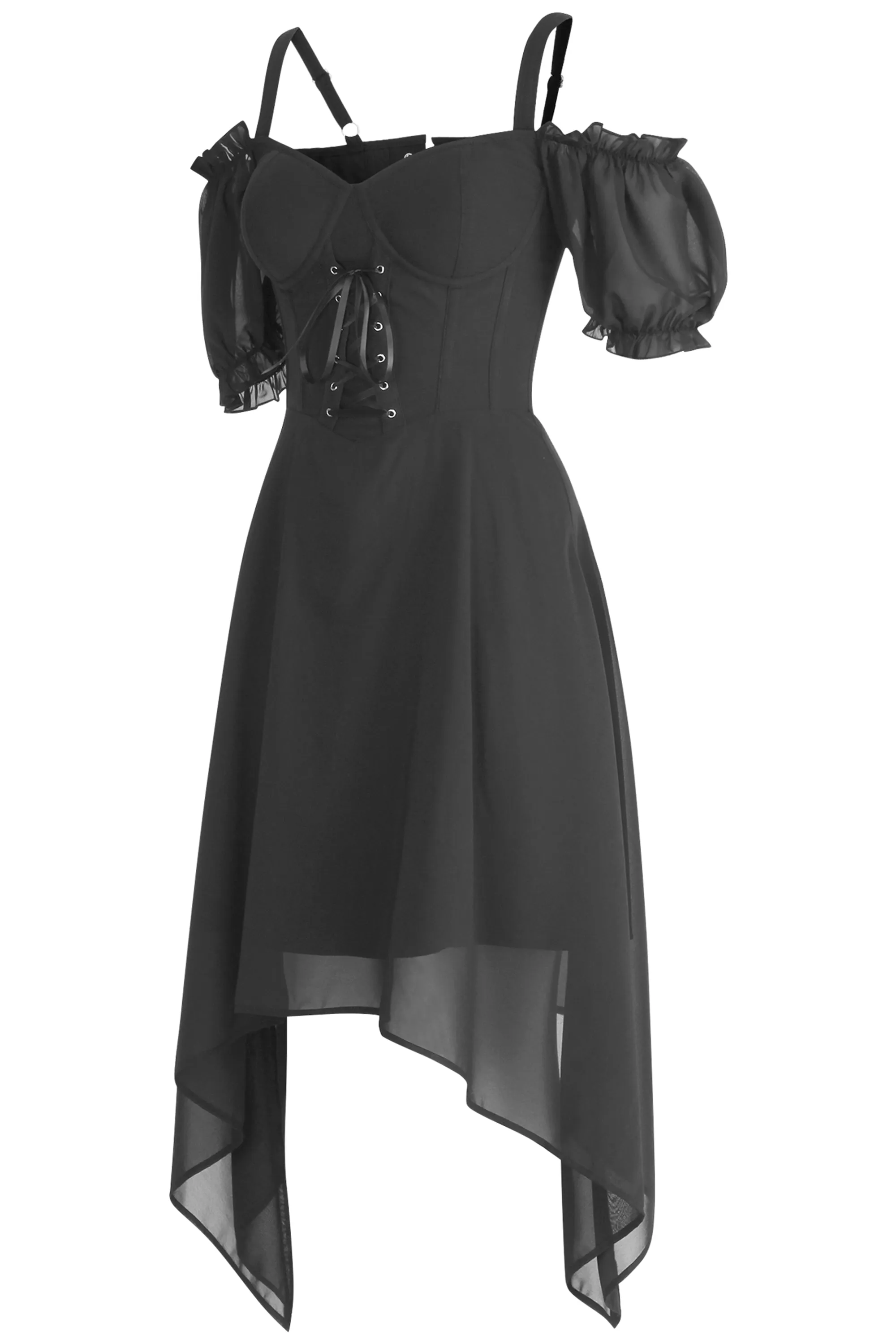 Dark Enchantment: Gothic Corset Dress with Sheer Sleeves & Asymmetrical Hem sold by Corset Story product image thumbnail 3