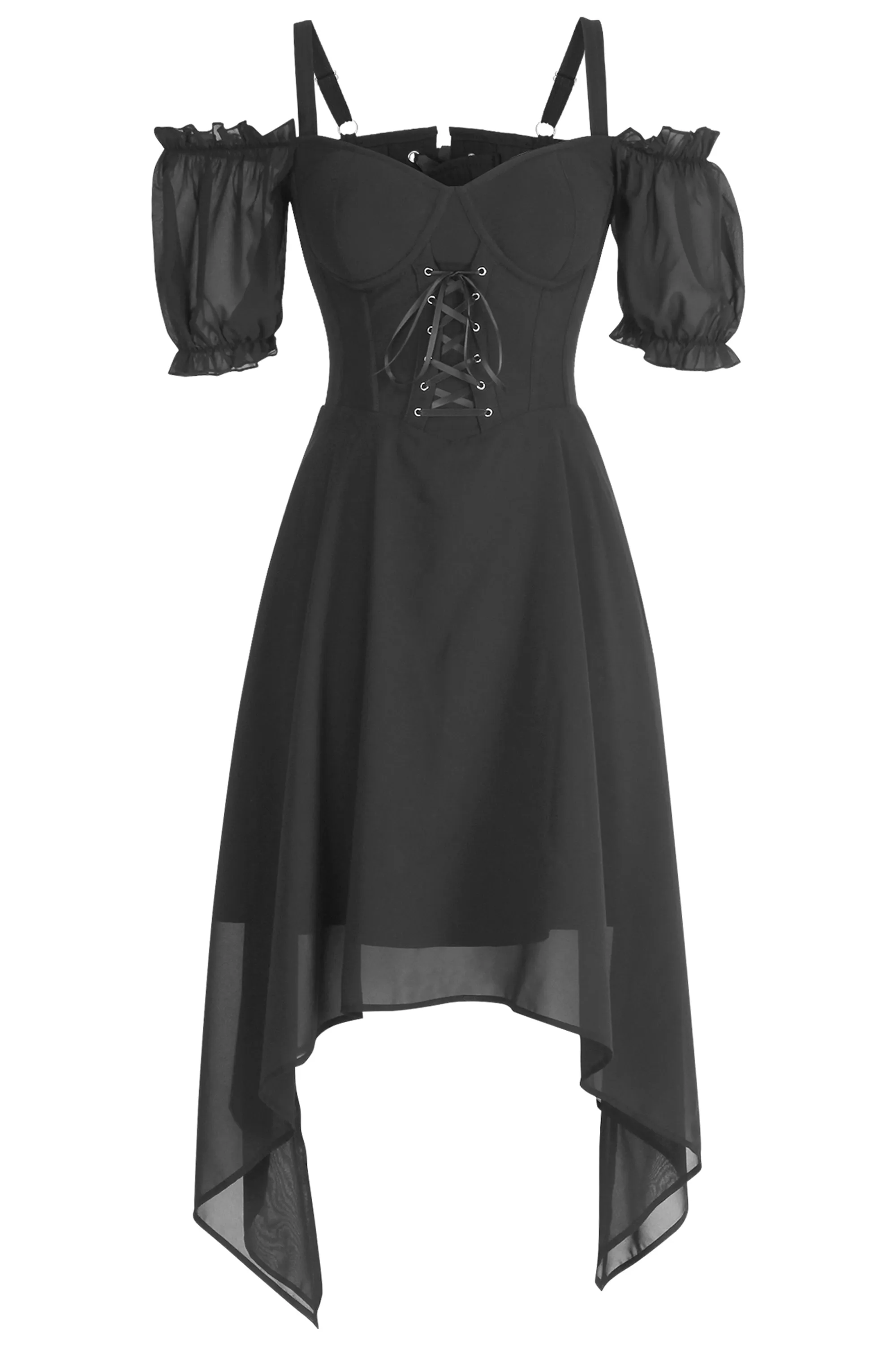 Dark Enchantment: Gothic Corset Dress with Sheer Sleeves & Asymmetrical Hem sold by Corset Story