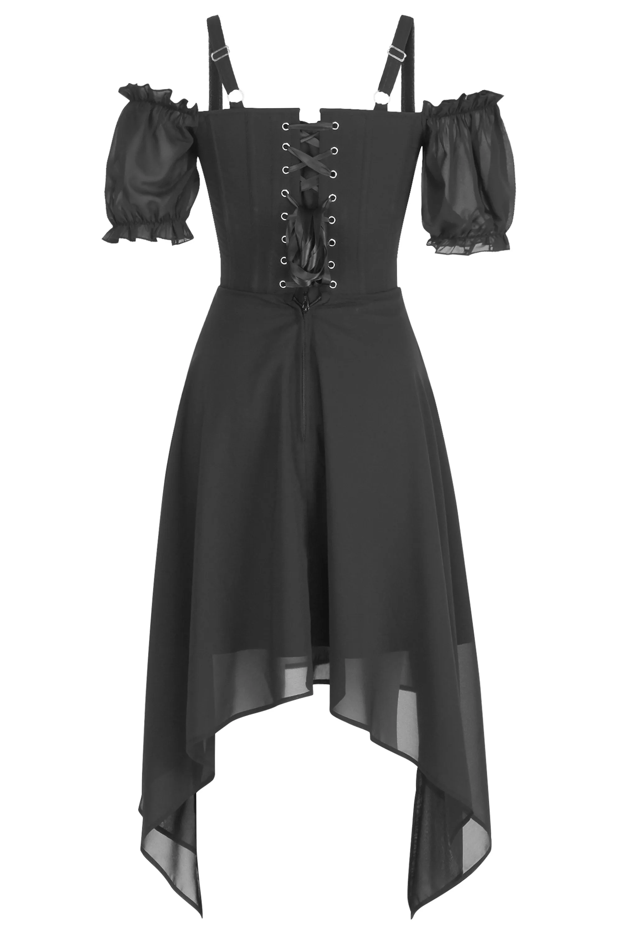 Dark Enchantment: Gothic Corset Dress with Sheer Sleeves & Asymmetrical Hem sold by Corset Story product image thumbnail 2