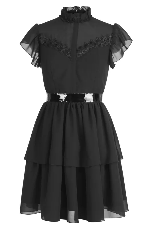 Timeless Black Tiered Dress with Sheer Lace & Ruffle Sleeves sold by Corset Story