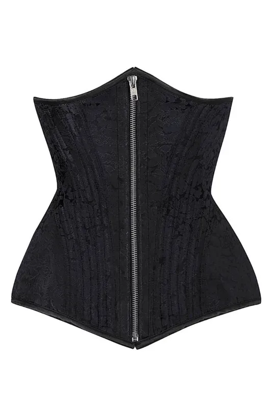 Black Brocade Longline Underbust with Front Zip sold by Corset Story