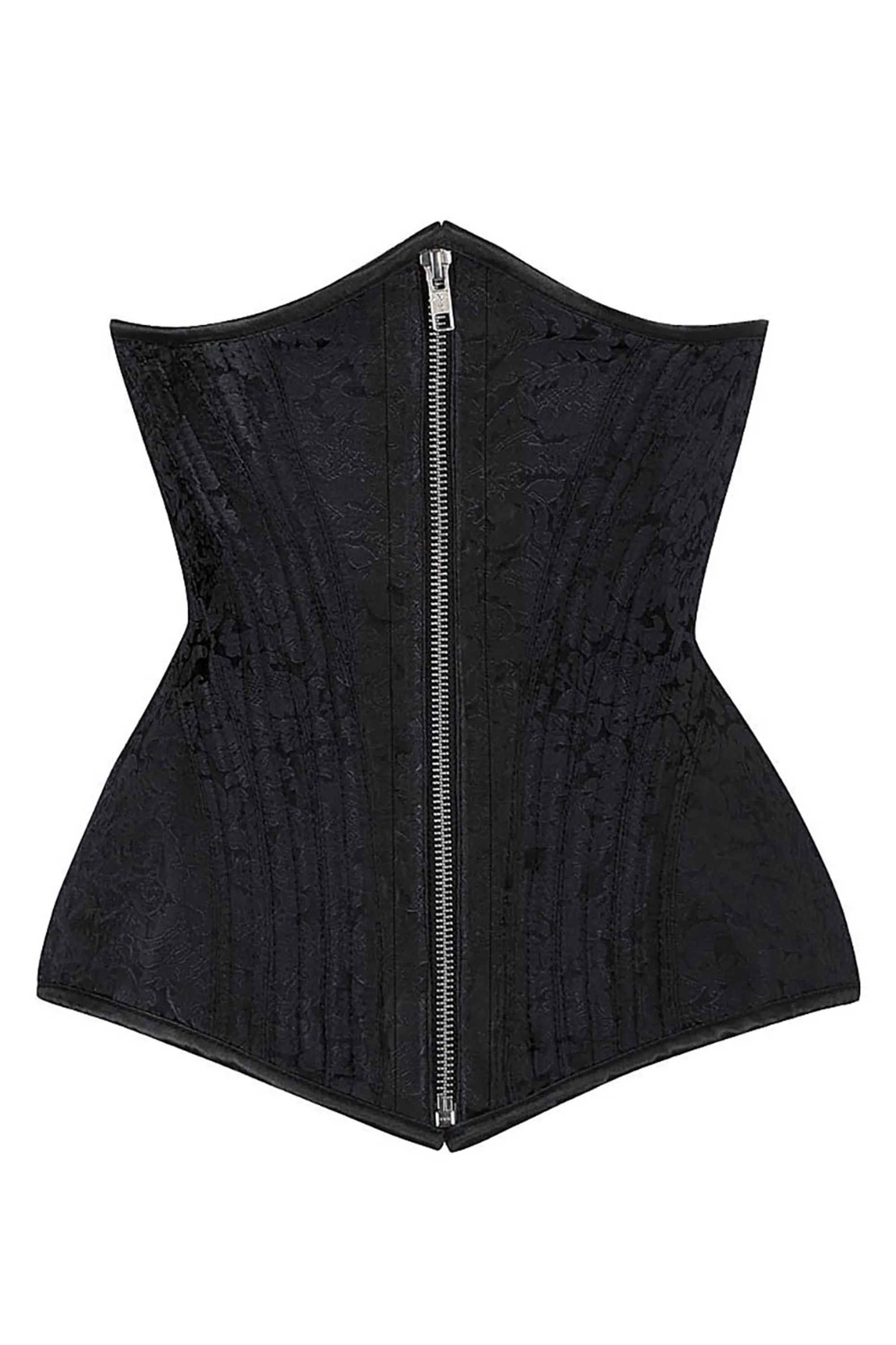 Black Brocade Longline Underbust with Front Zip sold by Corset Story
