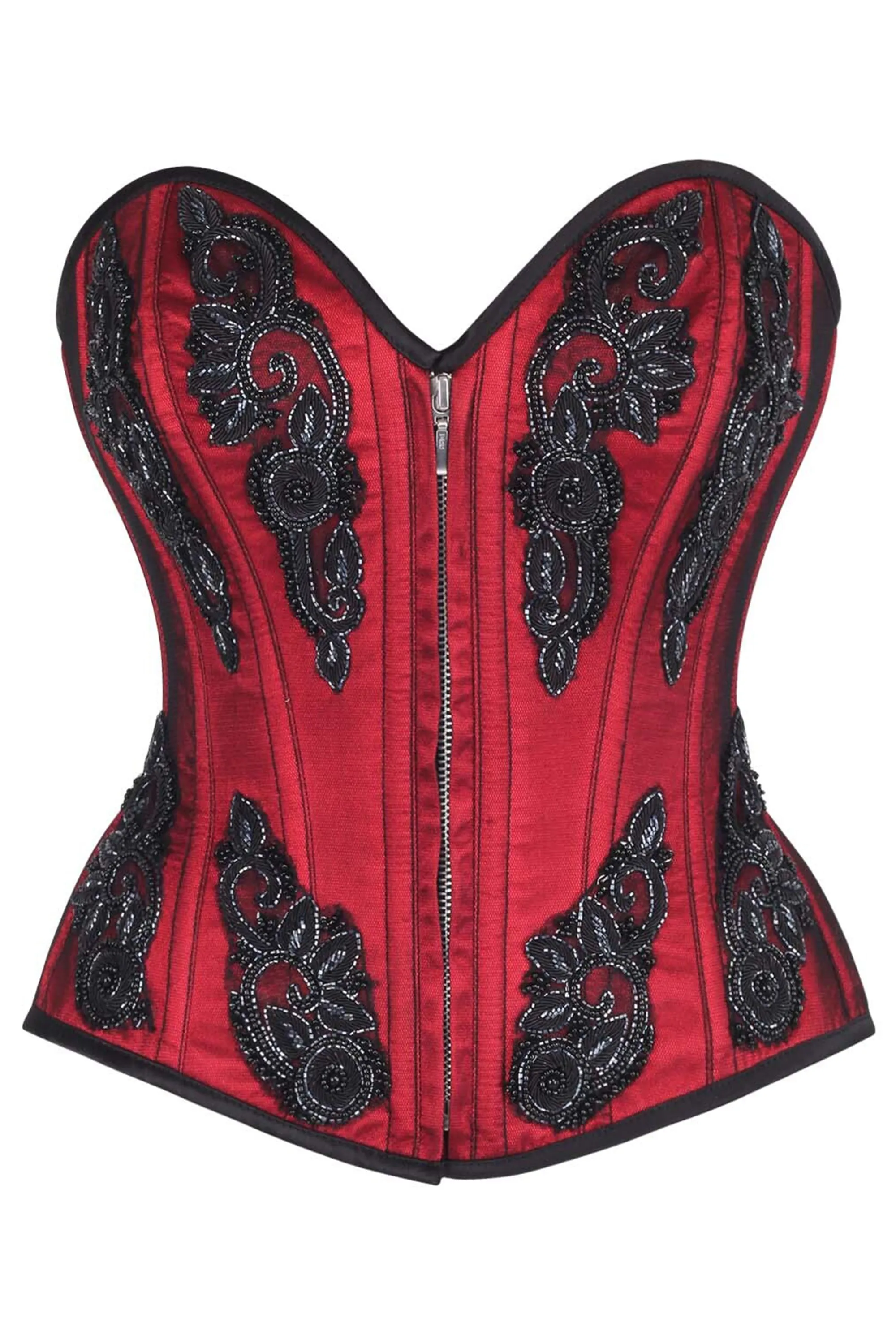 Red Beaded Gothic Zip Corset – Elegant Embellished Bustier sold by Corset Story