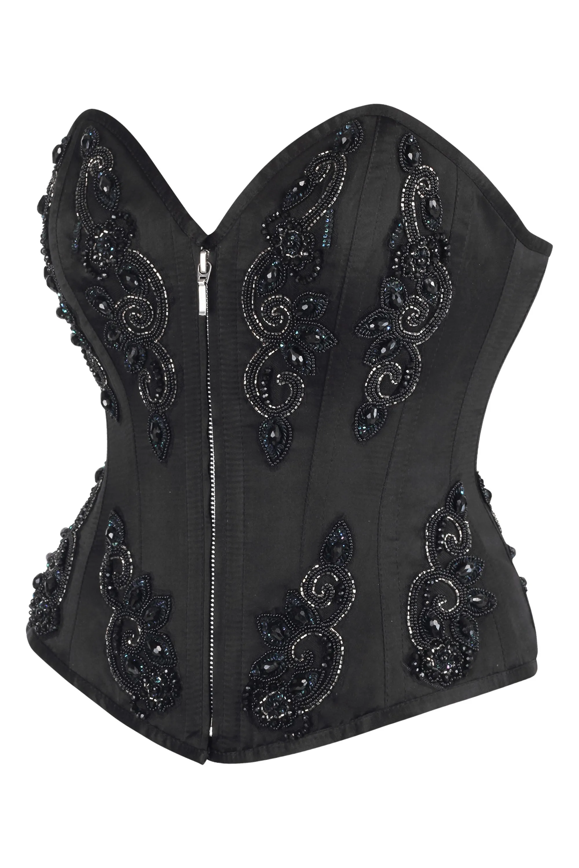 Black Beaded Gothic Zip Corset – Elegant Embellished Bustier sold by Corset Story product image thumbnail 3