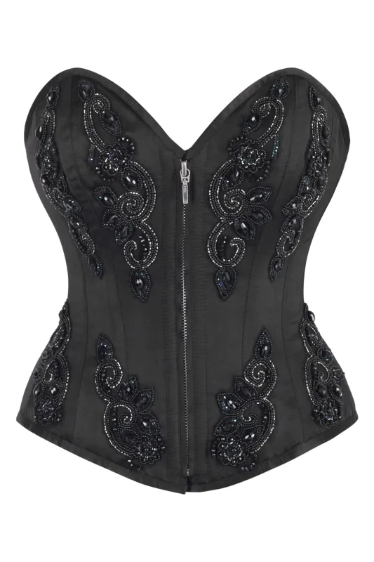 Black Beaded Gothic Zip Corset – Elegant Embellished Bustier sold by Corset Story