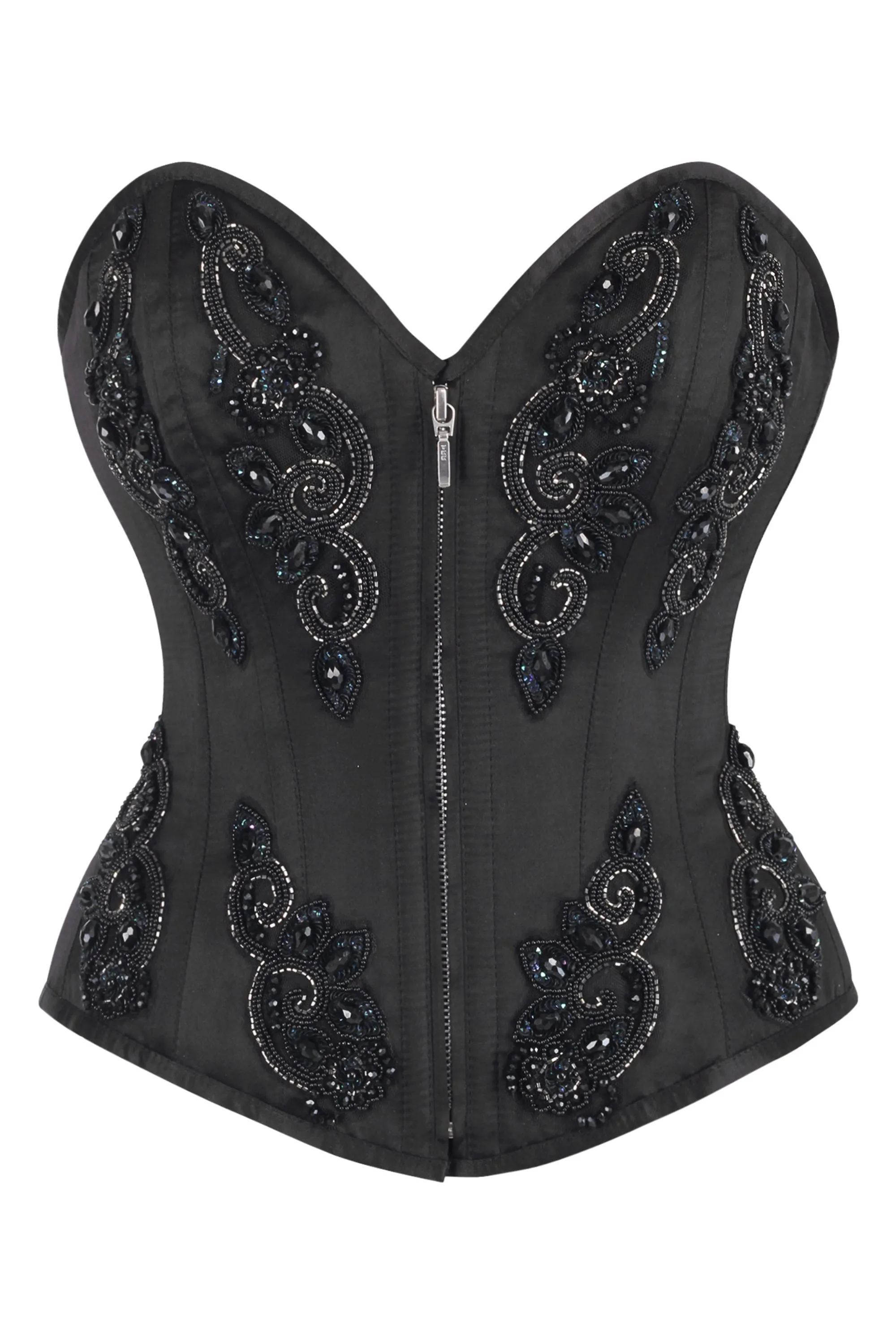 Black Beaded Gothic Zip Corset – Elegant Embellished Bustier sold by Corset Story
