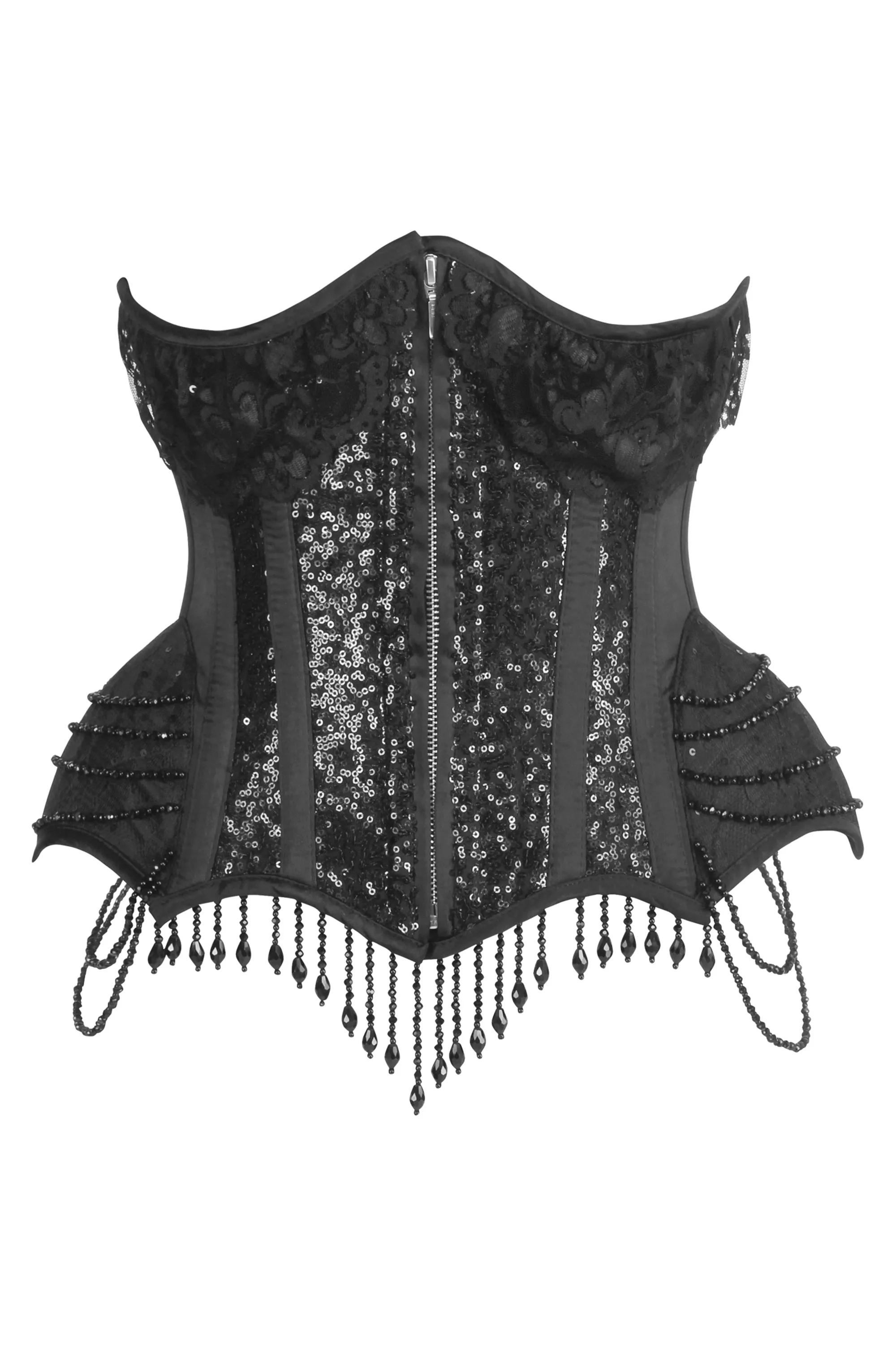 Elegant Gothic Black Sequin Corset with Beaded Chains sold by Corset Story