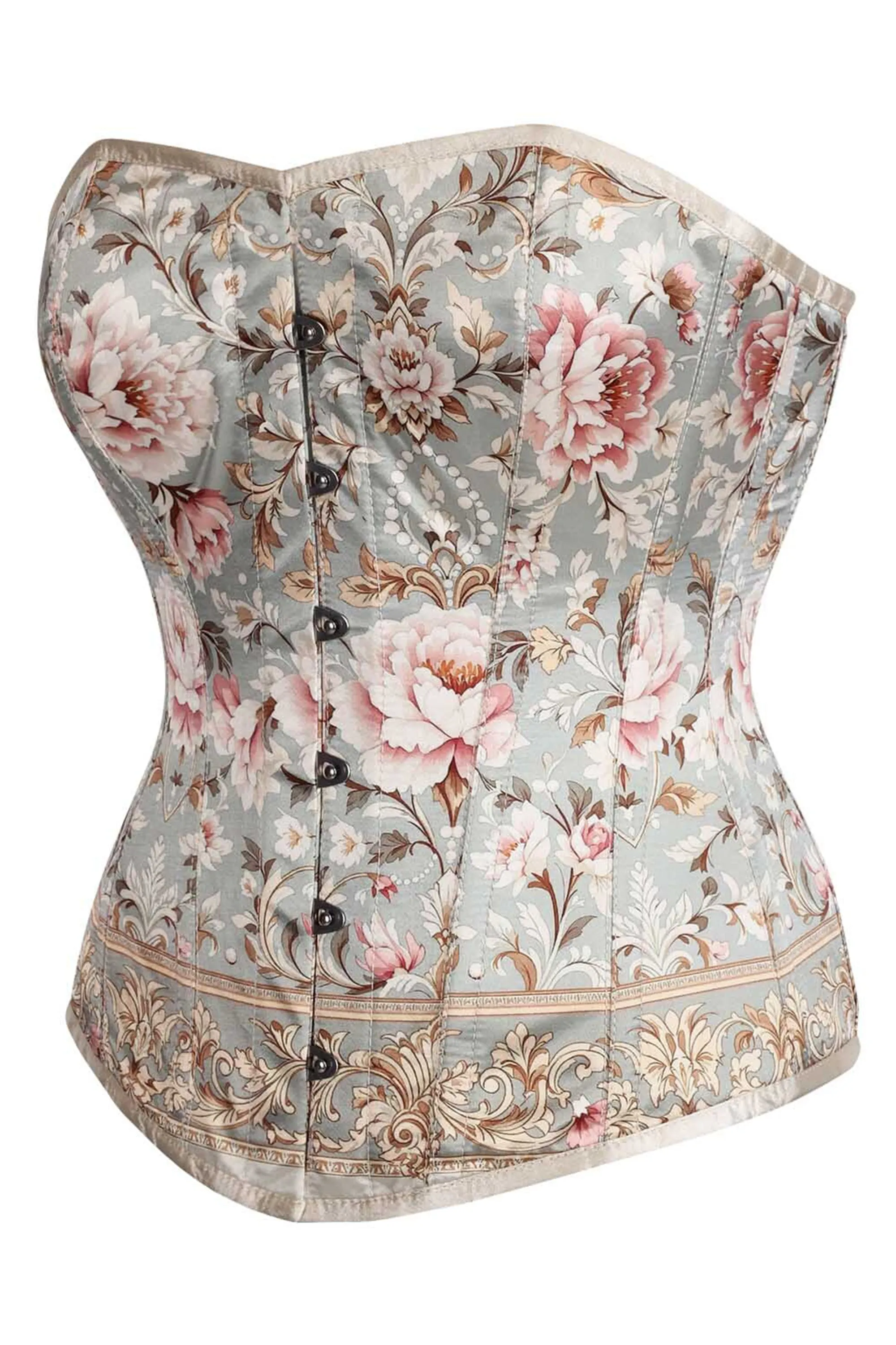 Vintage Floral Brocade Overbust Corset – Pastel Blue & Blush Peony sold by Corset Story product image thumbnail 3