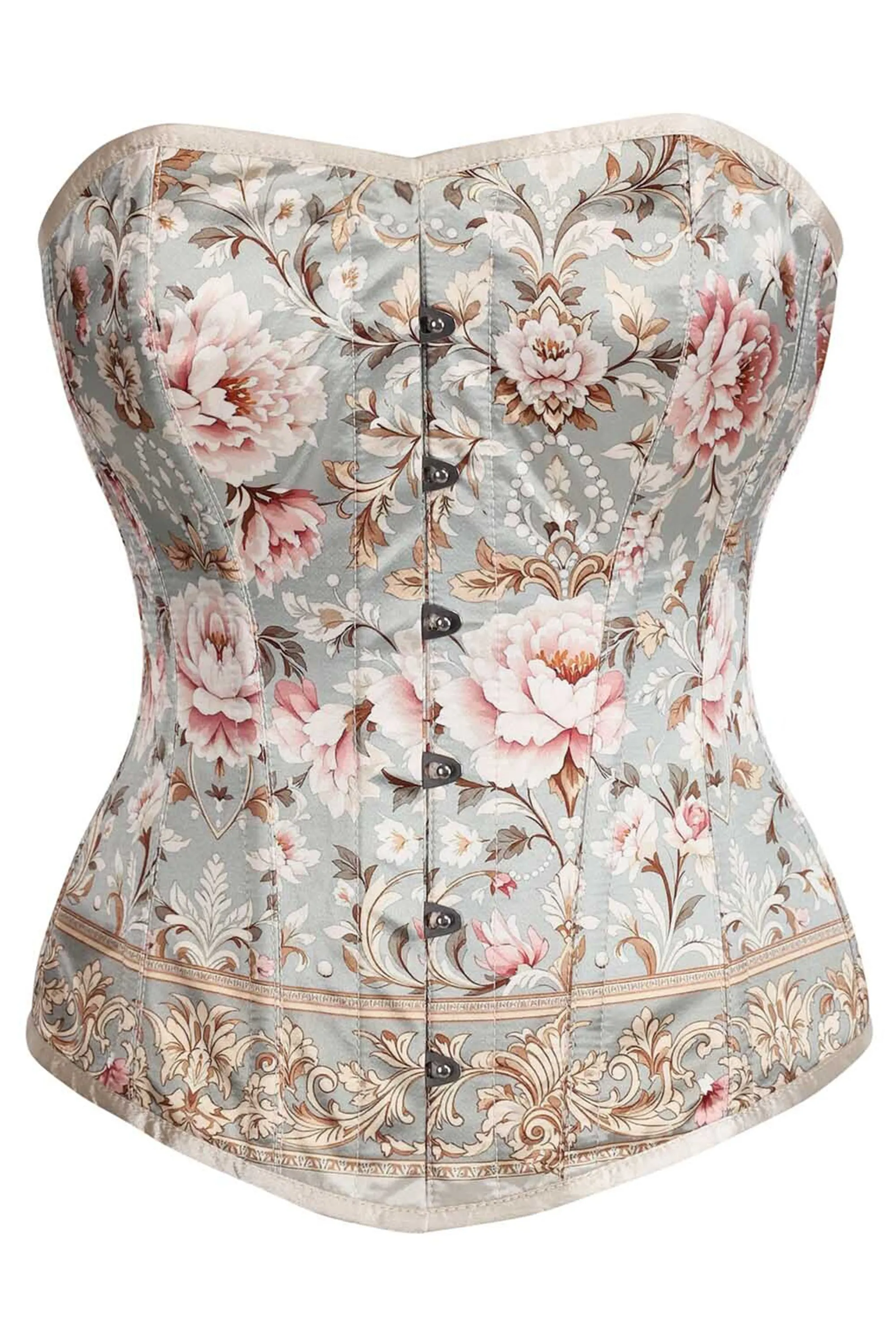 Vintage Floral Brocade Overbust Corset – Pastel Blue & Blush Peony sold by Corset Story