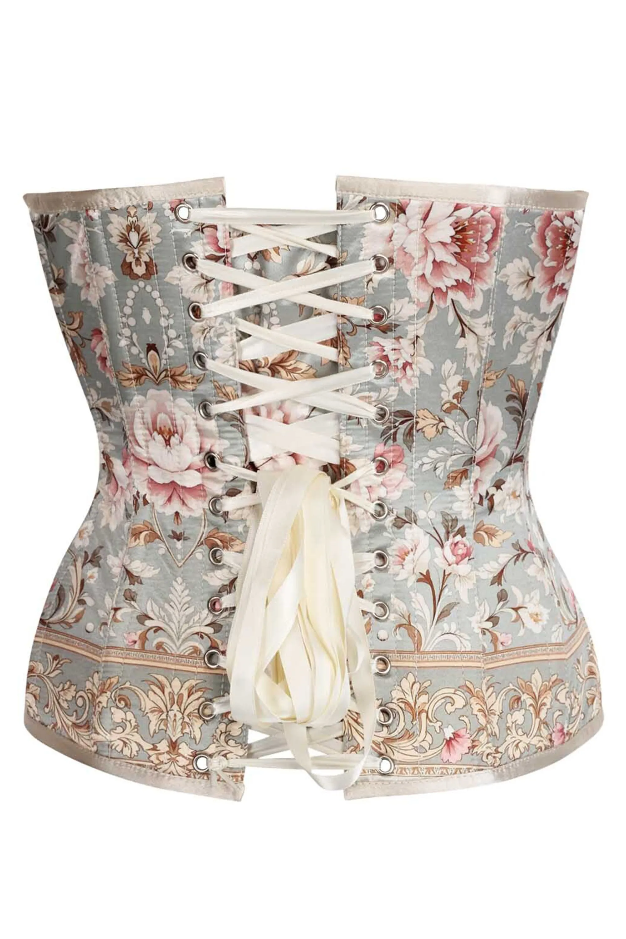Vintage Floral Brocade Overbust Corset – Pastel Blue & Blush Peony sold by Corset Story product image thumbnail 2