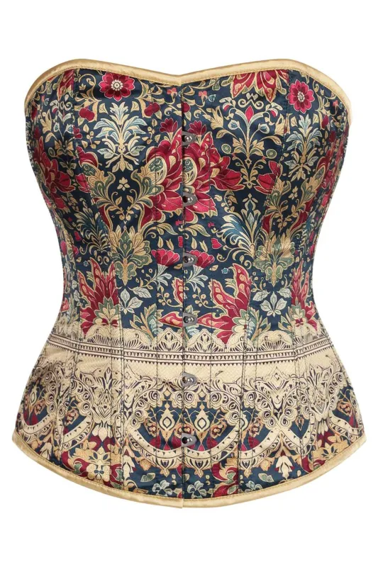 Regal Brocade Overbust Corset – Vintage Gold & Crimson Floral Tapestry sold by Corset Story