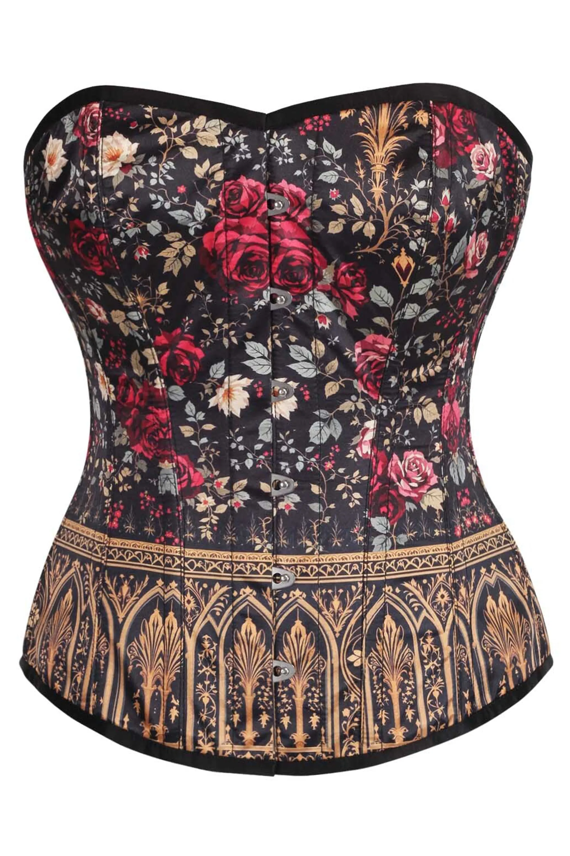 Gothic Rose Garden Overbust Corset with Baroque Gold Detail sold by Corset Story