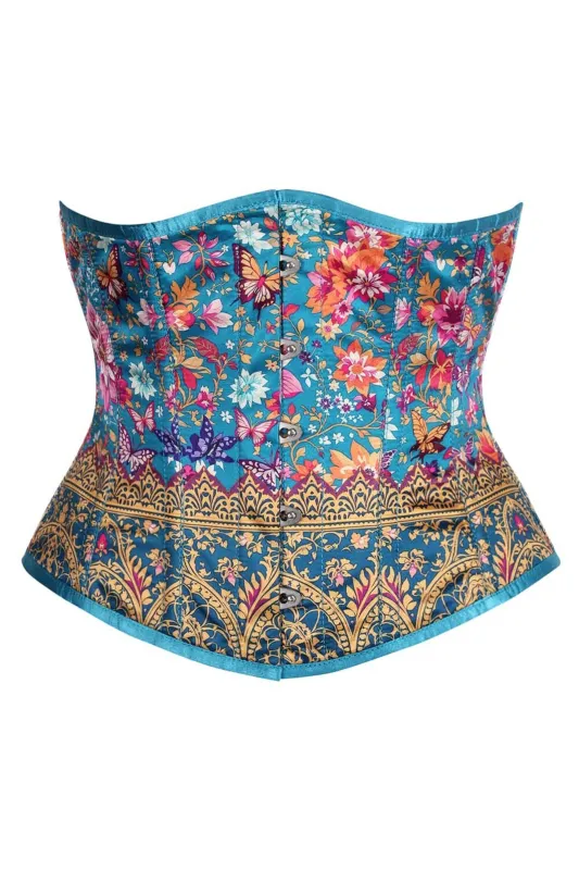 Teal Garden Brocade Corset – Floral & Butterfly Satin Lace-Up sold by Corset Story