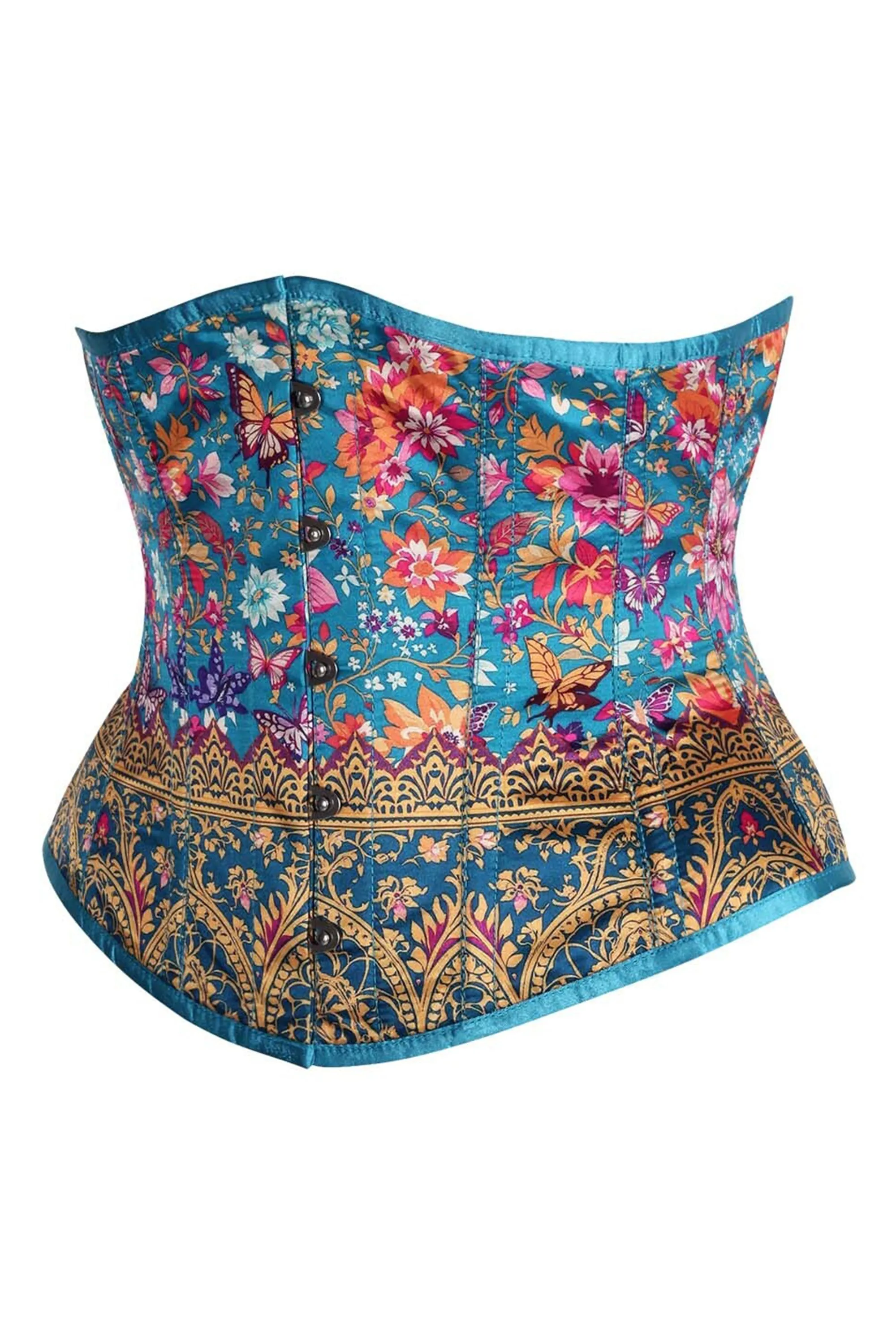 Teal Garden Brocade Corset – Floral & Butterfly Satin Lace-Up sold by Corset Story product image thumbnail 3