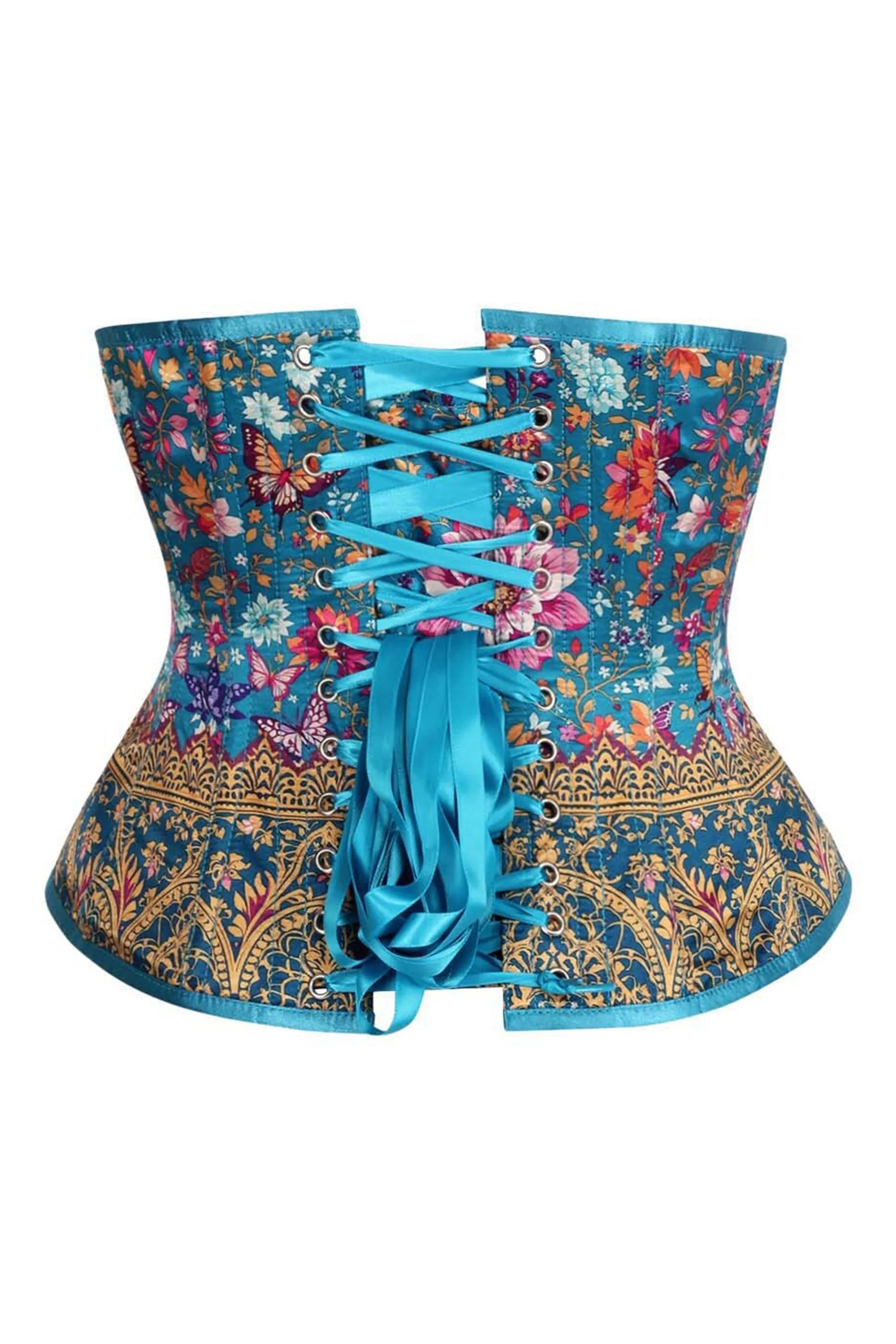 Teal Garden Brocade Corset – Floral & Butterfly Satin Lace-Up sold by Corset Story product image thumbnail 2