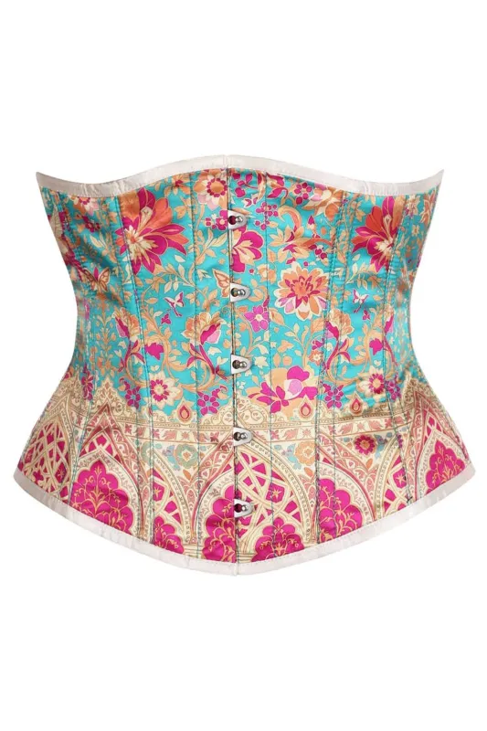 Persian Garden Underbust Corset – Turquoise & Fuchsia Brocade Elegance sold by Corset Story