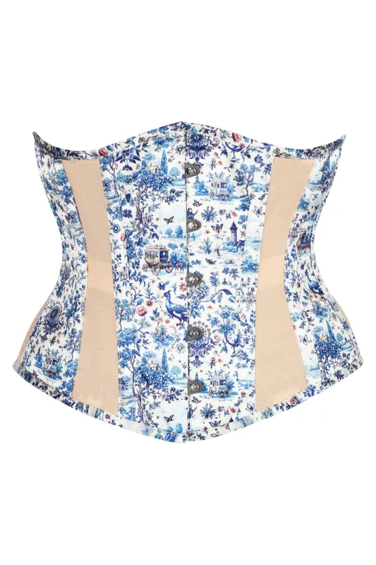 Blue Willow Toile Underbust Corset with Navy Ribbon Lacing sold by Corset Story