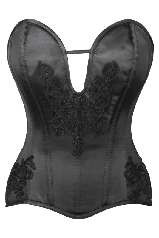 Black Satin Lace Applique Overbust Corset sold by Corset Story