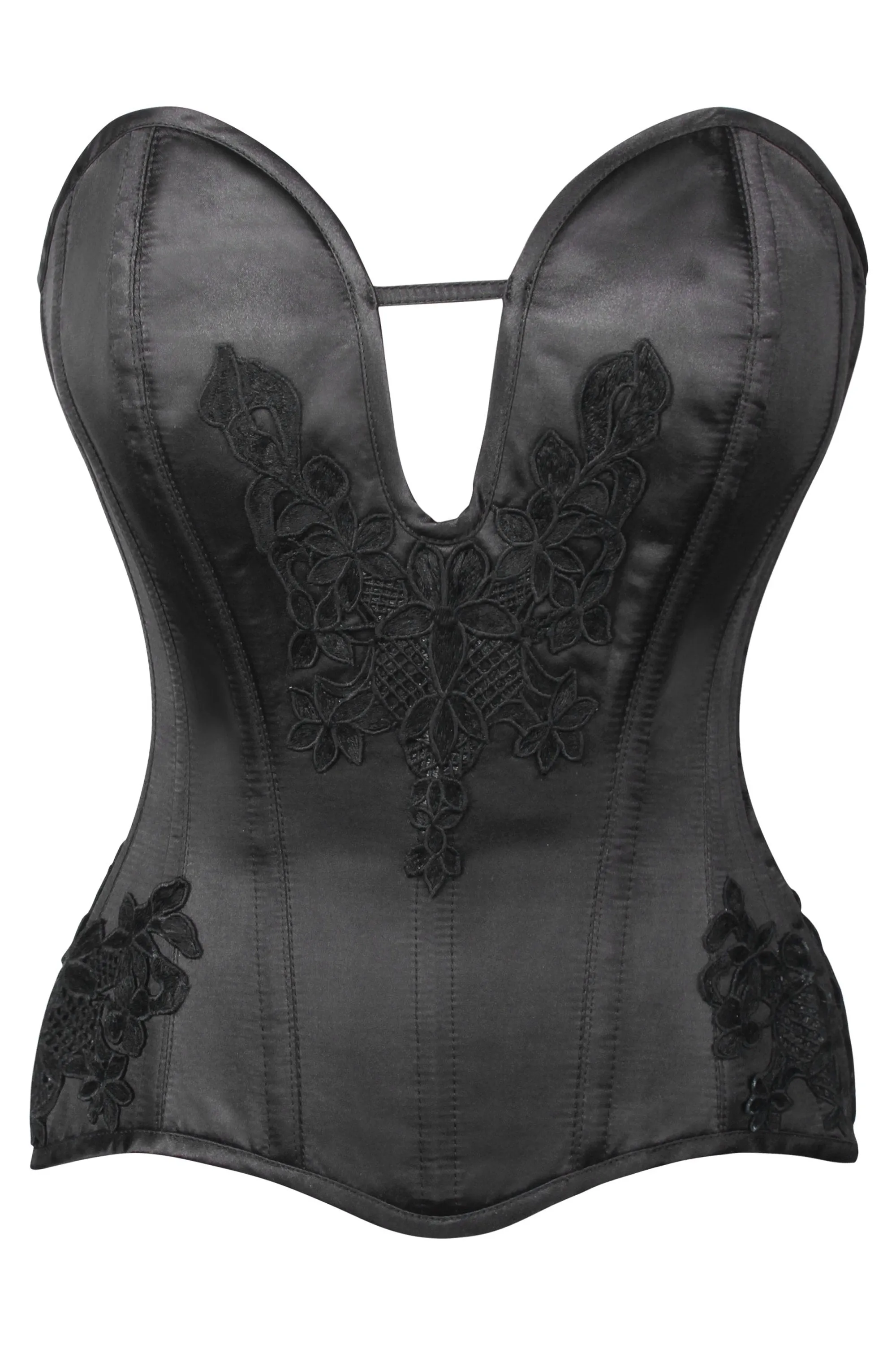 Black Satin Lace Applique Overbust Corset sold by Corset Story