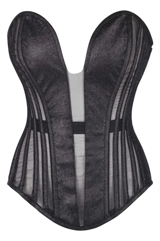 Black Overbust Corset with Plunge Neckline Mesh Panels & Side Zip sold by Corset Story