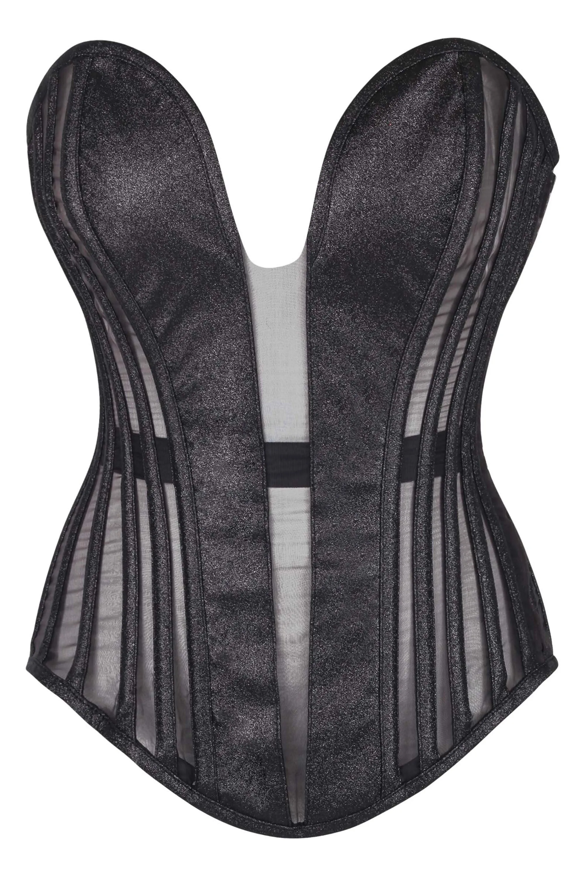 Black Overbust Corset with Plunge Neckline Mesh Panels & Side Zip sold by Corset Story