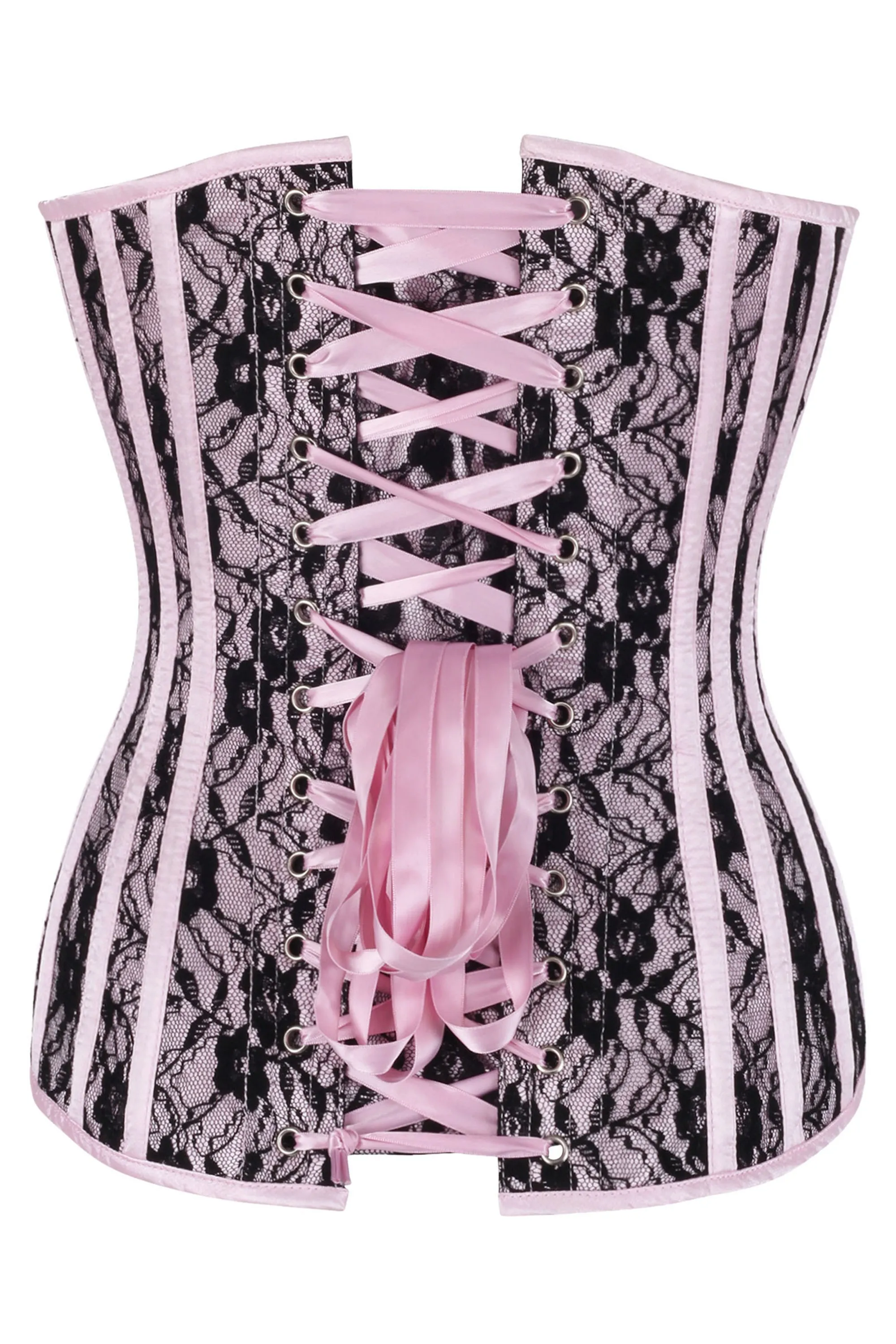 Pink Overbust Corset with Black Lace Overlay and Plunge Neckline sold by Corset Story product image thumbnail 2