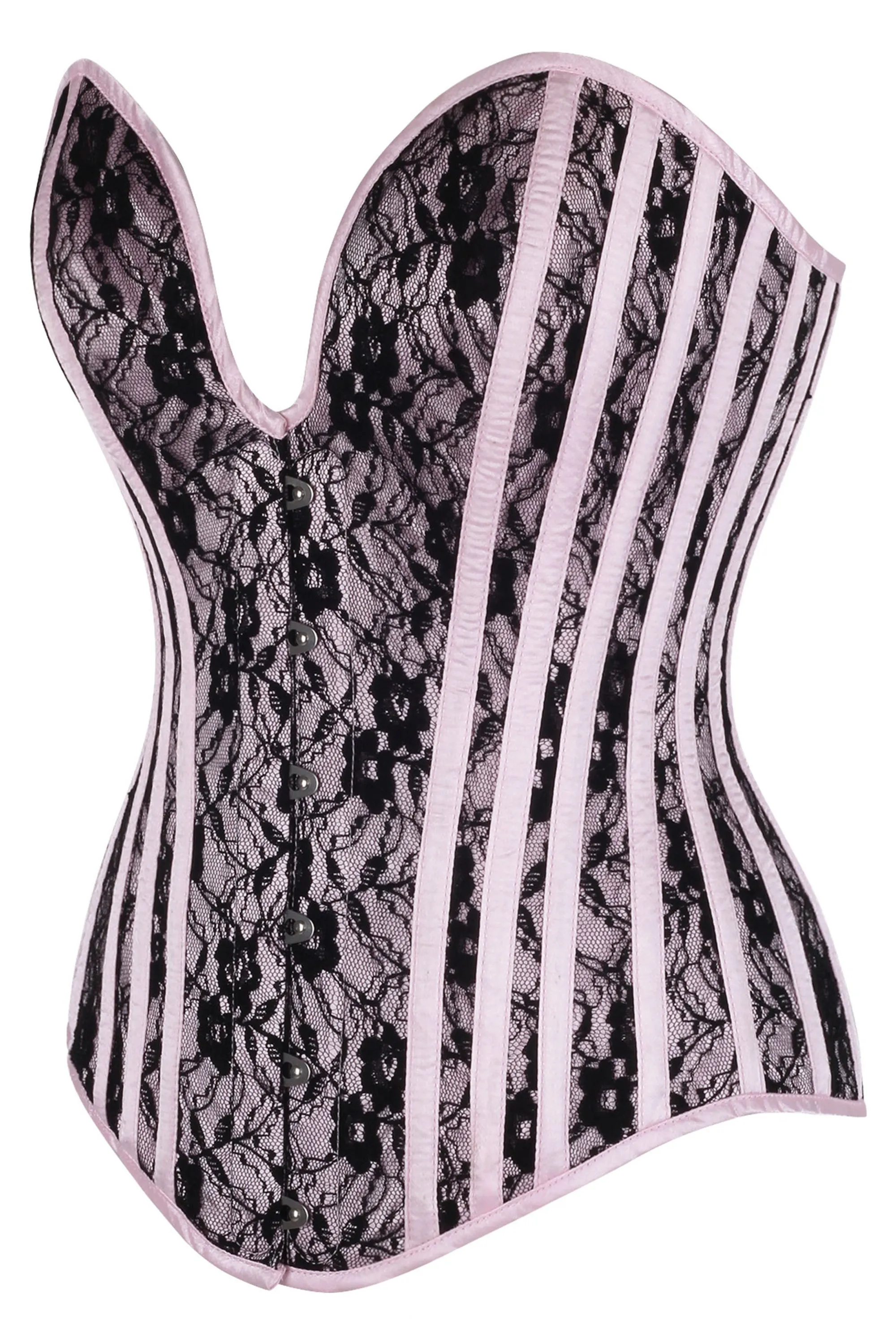 Pink Overbust Corset with Black Lace Overlay and Plunge Neckline sold by Corset Story product image thumbnail 3