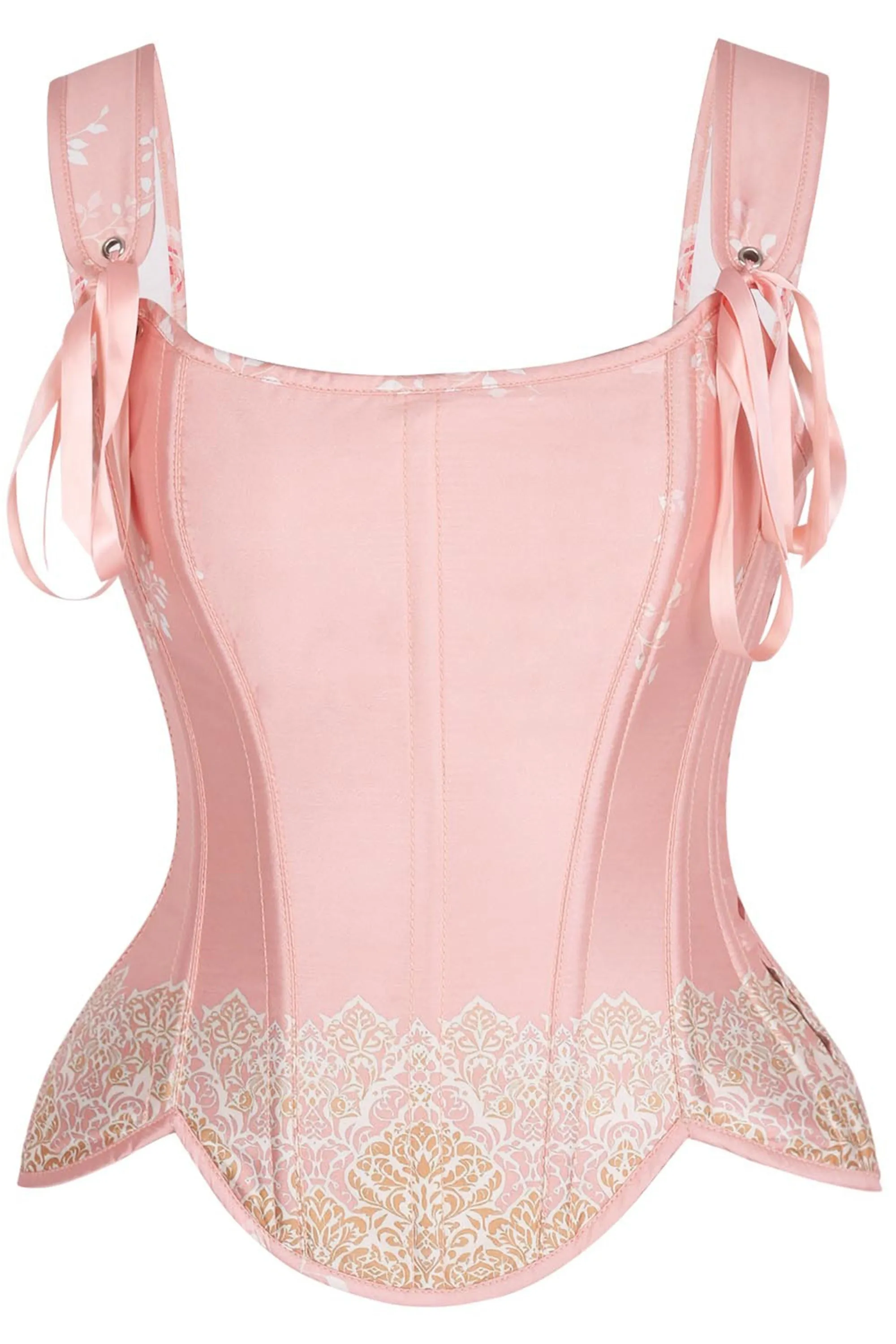 Blush Brocade Overbust Corset with Shoulder Straps sold by Corset Story