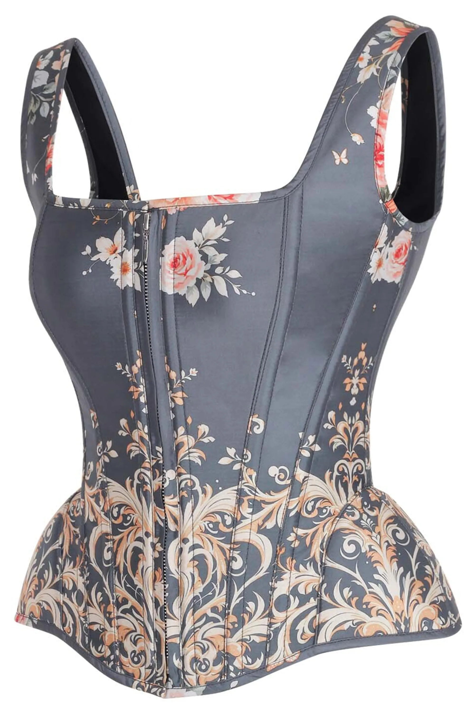 Vintage Blue Floral Overbust Corset with Baroque Scroll Print and Shoulder Straps sold by Corset Story product image thumbnail 3
