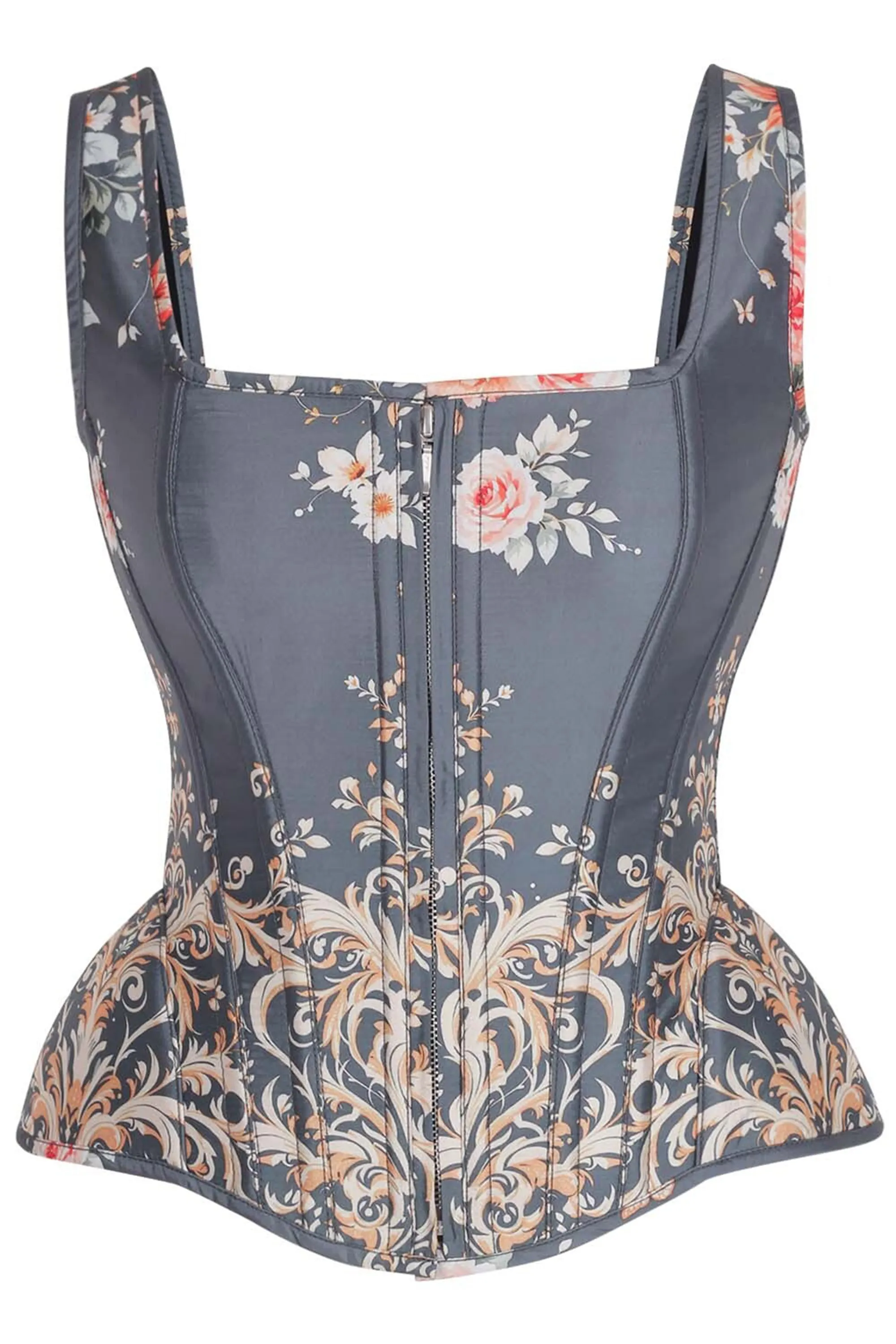 Vintage Blue Floral Overbust Corset with Baroque Scroll Print and Shoulder Straps sold by Corset Story
