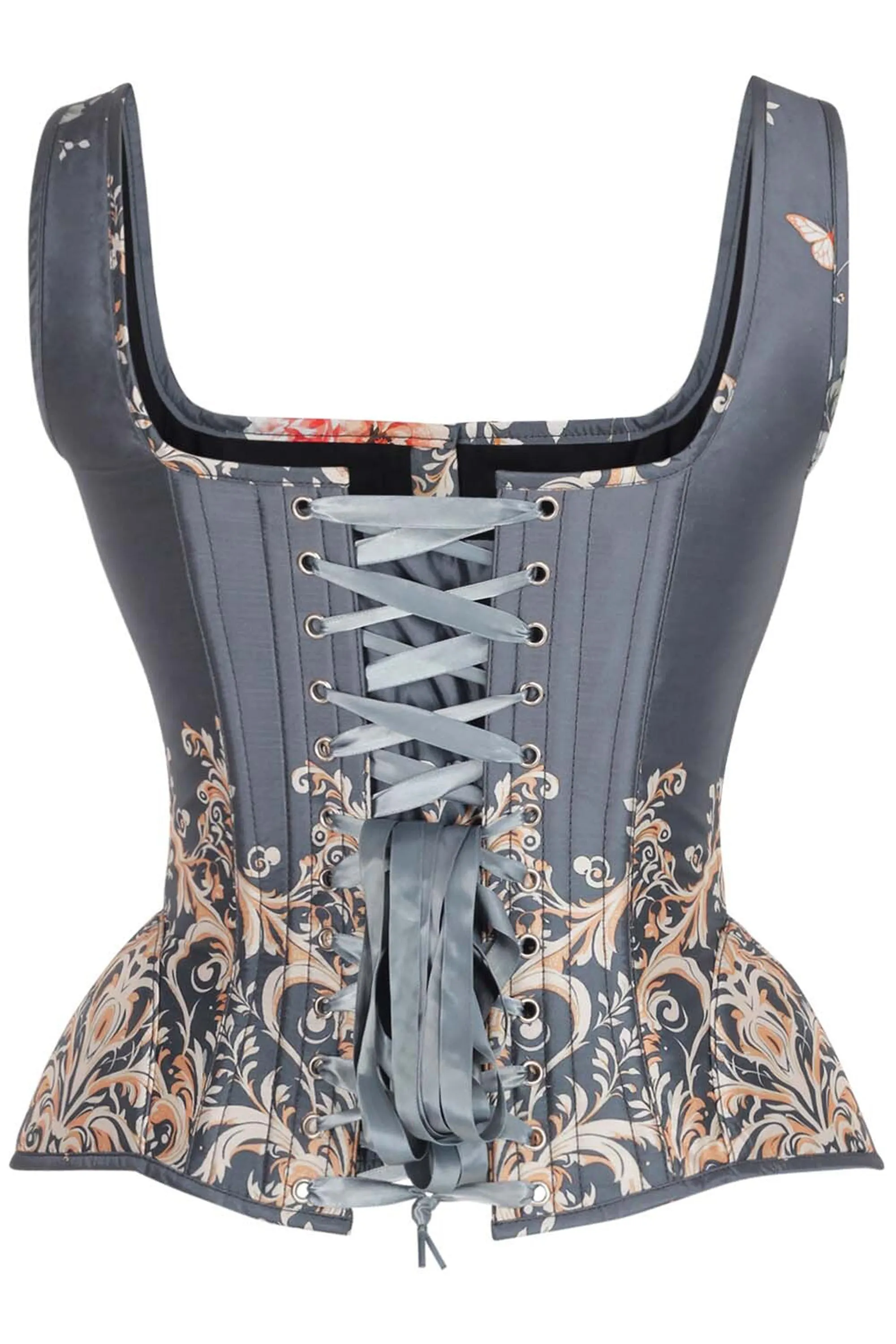 Vintage Blue Floral Overbust Corset with Baroque Scroll Print and Shoulder Straps sold by Corset Story product image thumbnail 2