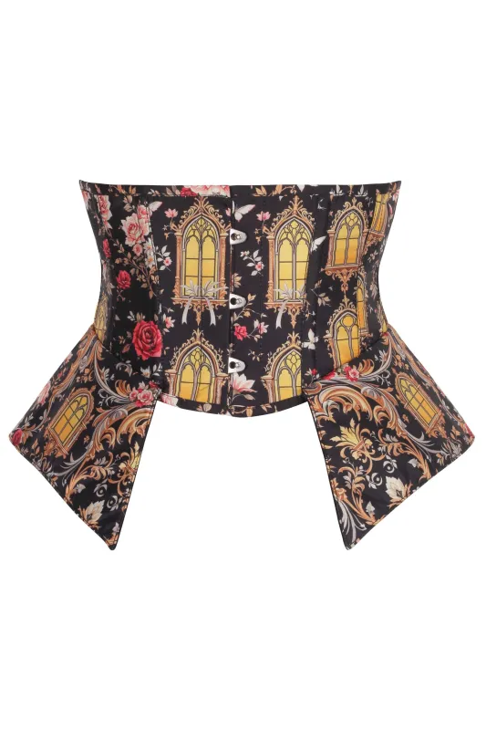 Gothic Cathedral Print Underbust Corset with Peplum Skirt Panels sold by Corset Story