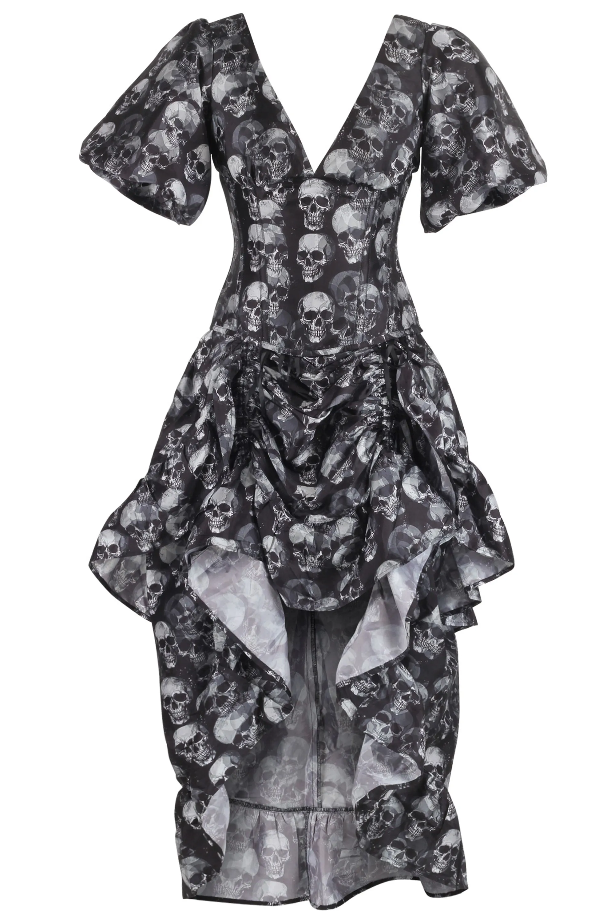 Gothic Skull Print High-Low Corset Dress with Puff Sleeves sold by Corset Story