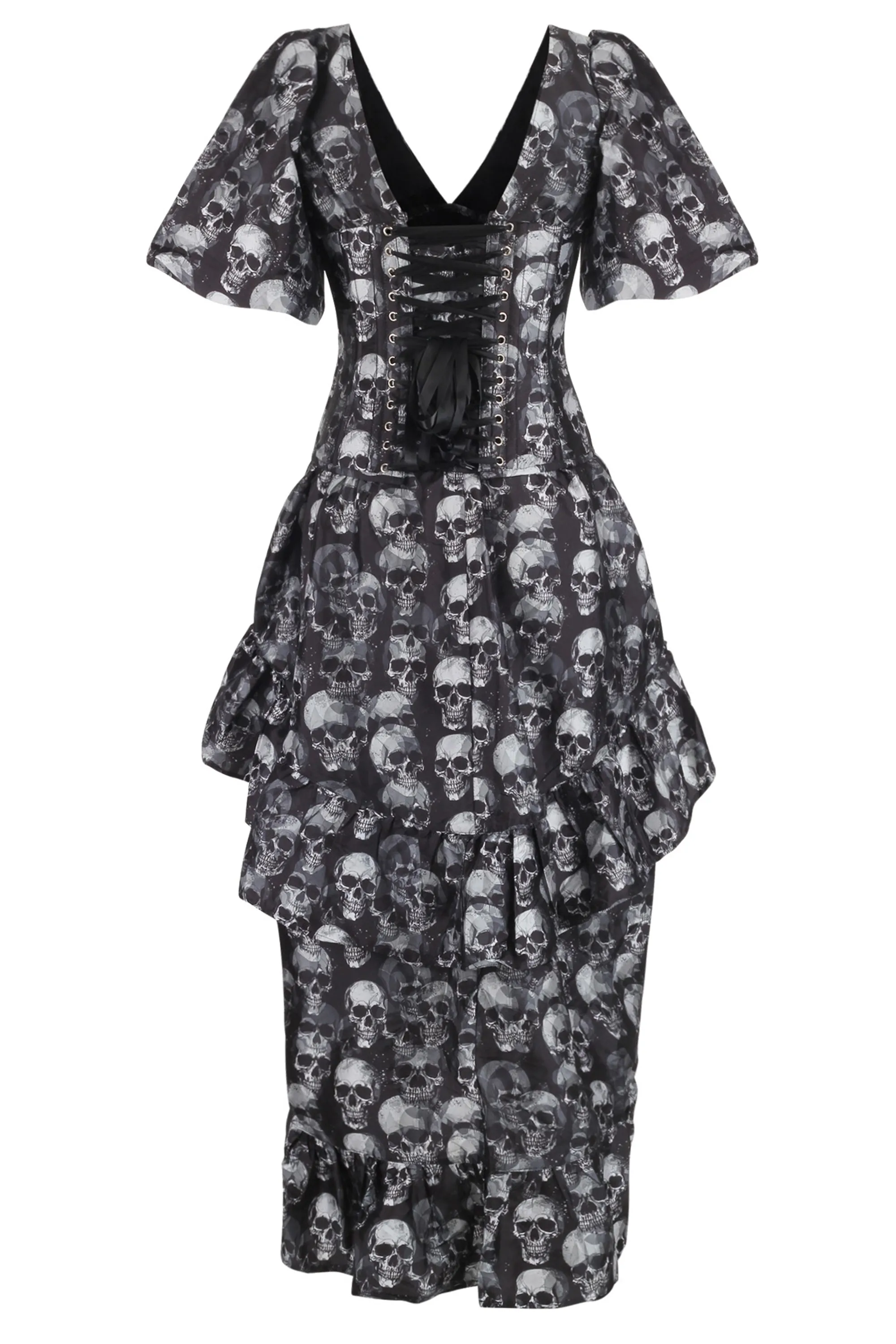 Gothic Skull Print High-Low Corset Dress with Puff Sleeves sold by Corset Story product image thumbnail 2