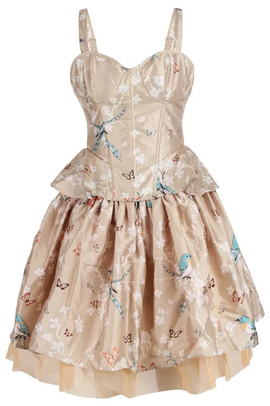 Champagne Garden Corset & Skirt Set with Butterfly and Bird Print made by Corset Story