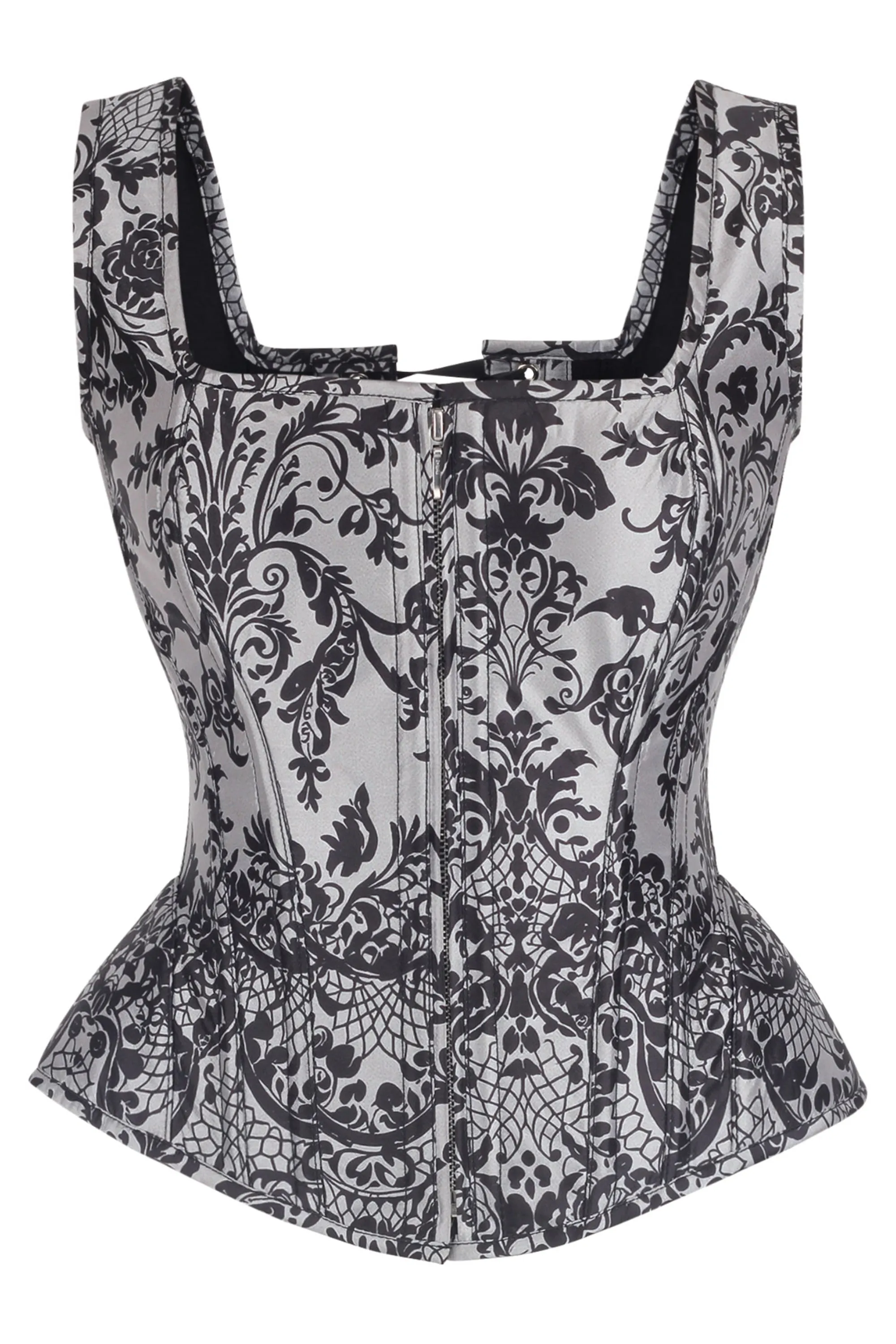 Gothic Noir Baroque Shoulder Strap Corset with Front Zip sold by Corset Story