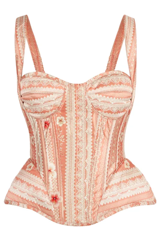 Peach Vintage Lace Print Shoulder Strap Corset sold by Corset Story