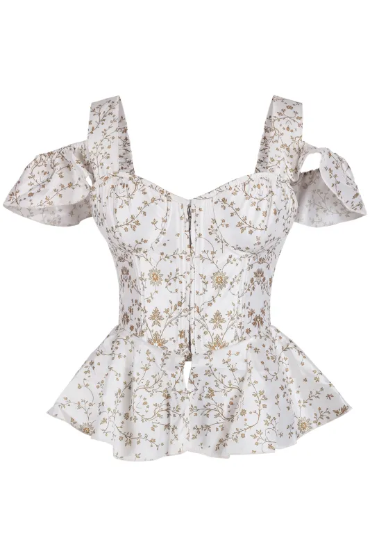 White Floral Peplum Corset with Ruffle Shoulder Straps made by Corset Story
